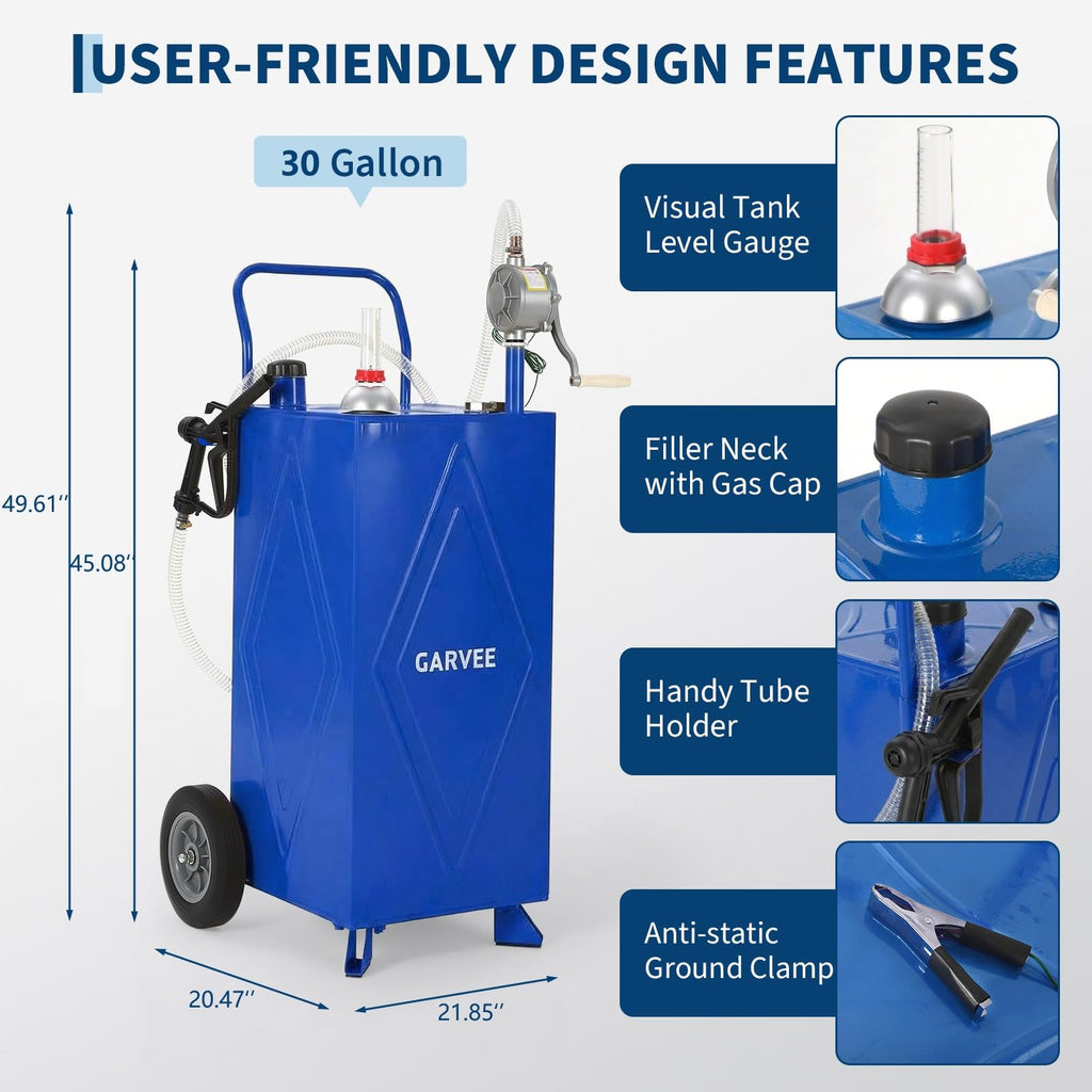 Garvee 30 Gallon Fuel Gas Caddy, Portable Storage Tank with Wheels and Manual Hand Pump for Gasoline and Diesel Transfer, Suitable for ATV, Car, Mower, Tractor, and Boat, Blue