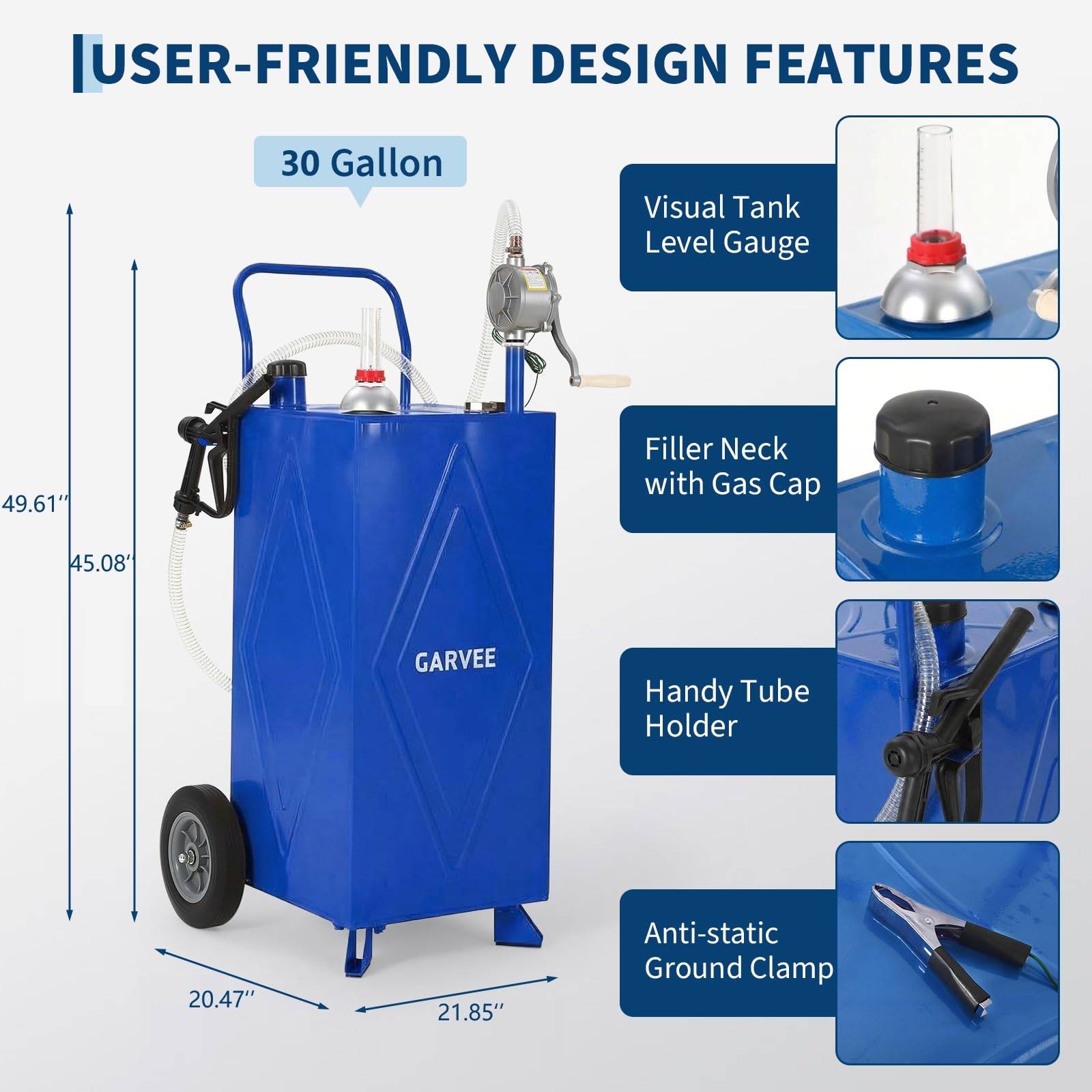 Garvee 30 Gallon Fuel Gas Caddy, Portable Storage Tank with Wheels and Manual Hand Pump for Gasoline and Diesel Transfer, Suitable for ATV, Car, Mower, Tractor, and Boat, Blue