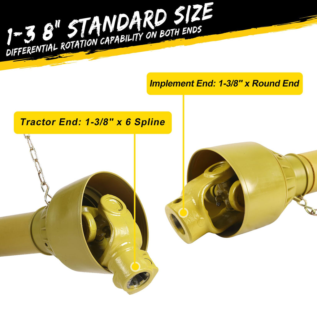 Garvee PTO Shaft 1 3/8" PTO Drive Shaft, Round Ends PTO Driveline Shaft, 6 End Tractor, Brush PTO Shaft, Yellow PTO Shaft for Finish Mower, Rotary Cutter,43"-61"