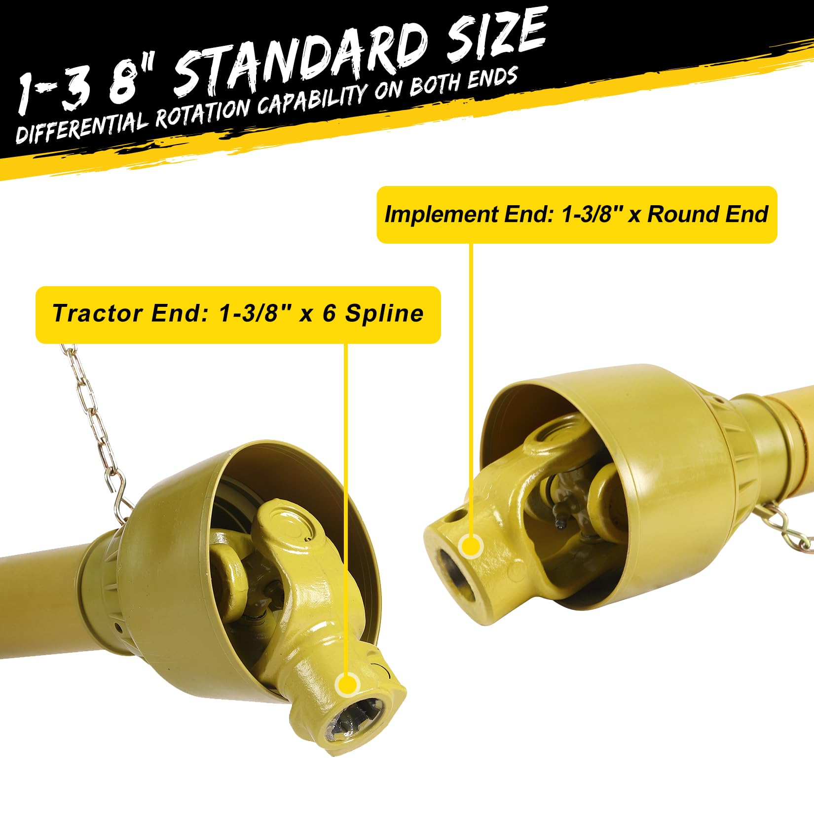 Garvee PTO Shaft 1 3/8" PTO Drive Shaft, Round Ends PTO Driveline Shaft, 6 End Tractor, Brush PTO Shaft, Yellow PTO Shaft for Finish Mower, Rotary Cutter,43"-61"