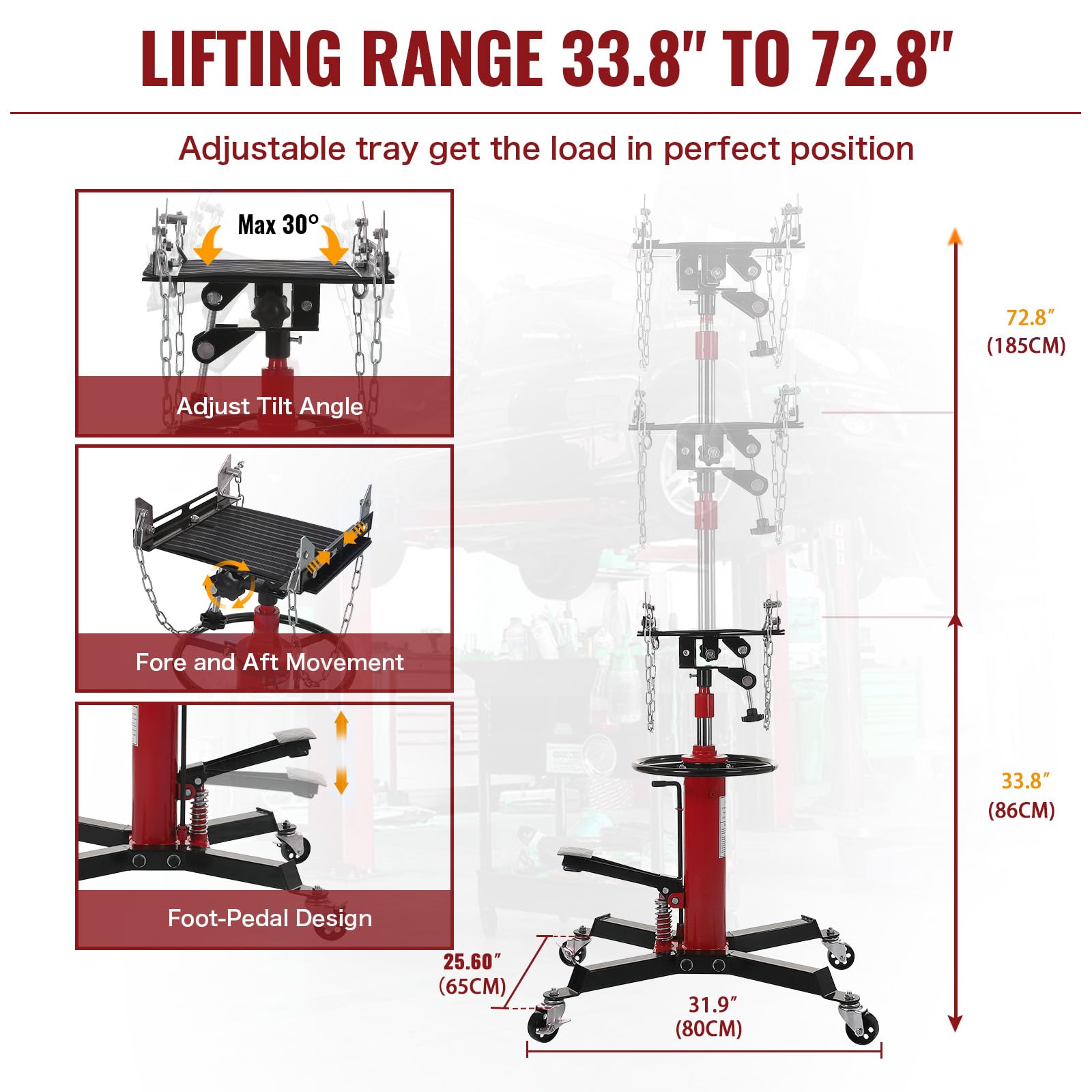 GARVEE 1322 lbs Hydraulic Transmission Jack Lift - Adjustable Telescoping Jack with Anti-Slip Rubber Pad, Pedal Control, and 33.8" to 72.8" Lifting Range