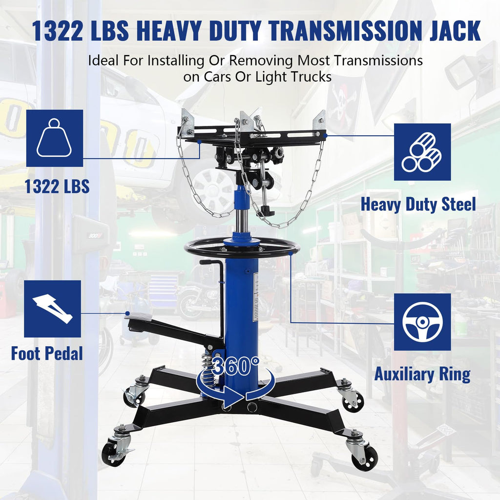 Garvee Transmission Jack, 1/2 Ton/1100 lbs Capacity 2 Stage Adjustable Hydraulic Telescopic Transmission Jack with Foot Pedal, 33.5"-69" High Lift and 360° Swivel Wheel, Garage/Shop Lift Hoist, Blue