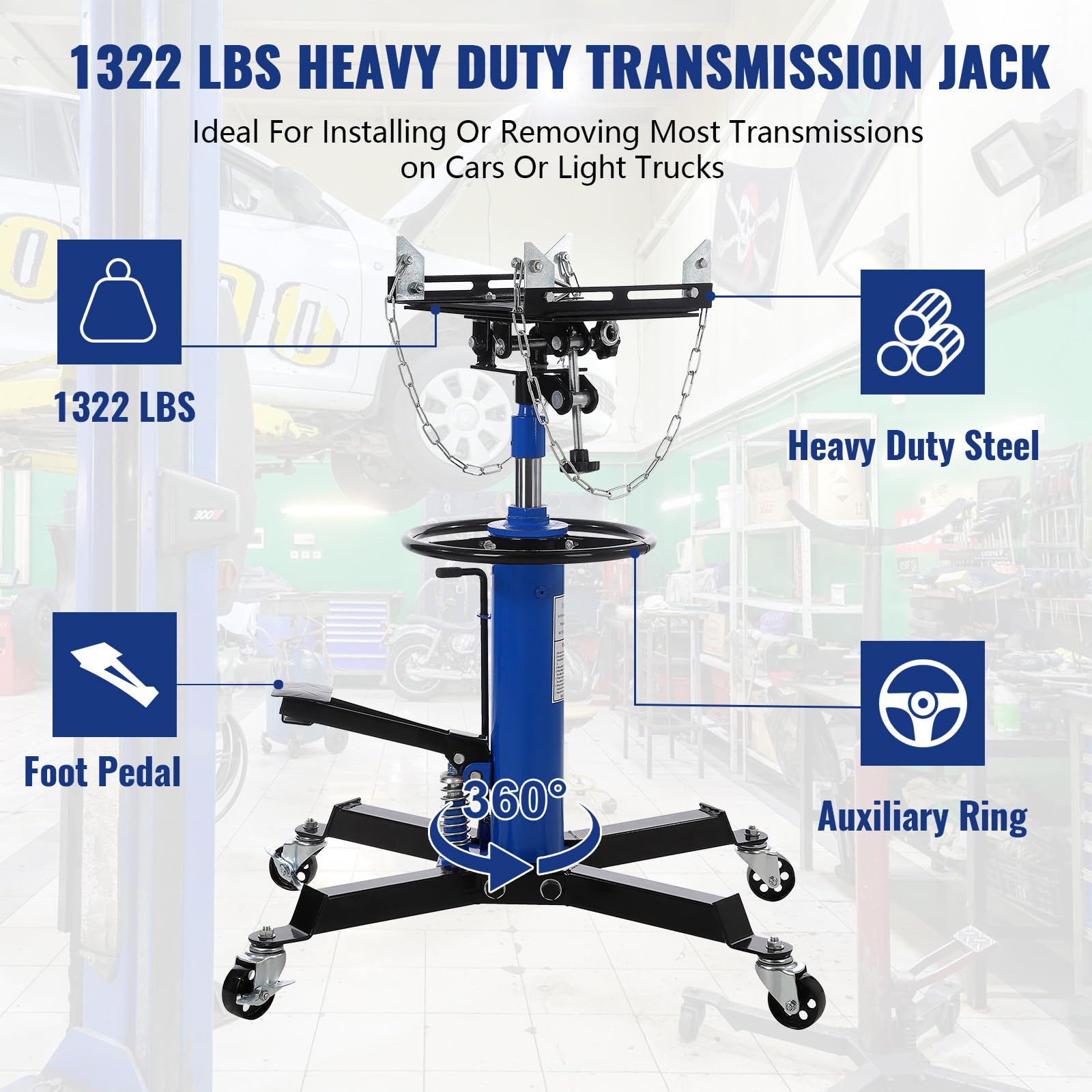 Garvee Transmission Jack, 1/2 Ton/1100 lbs Capacity 2 Stage Adjustable Hydraulic Telescopic Transmission Jack with Foot Pedal, 33.5"-69" High Lift and 360° Swivel Wheel, Garage/Shop Lift Hoist, Blue