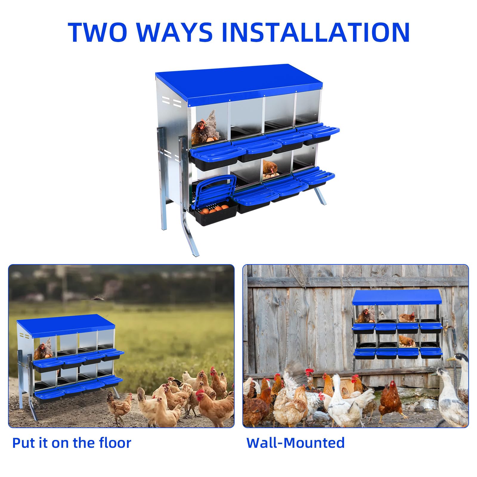 Garvee Chicken Nesting Box 8-Hole Roll Away Egg Laying Box with Lid, Heavy-Duty Galvanized Steel, Blue, Easy Clean & Egg Collection