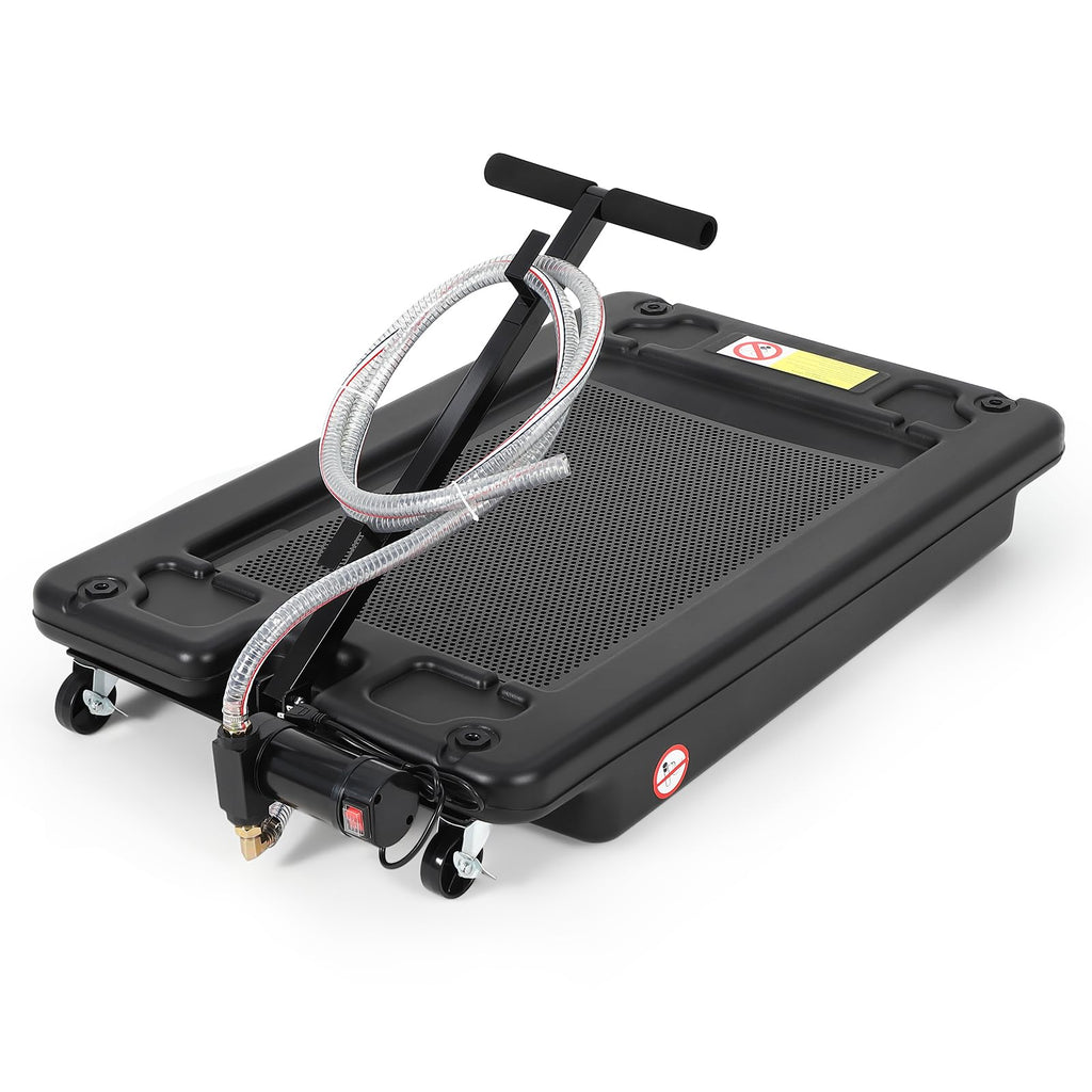 Garvee Oil Drain Pan 17 Gallon Low Profile Oil Drain Tank with Electric Pump for Car SUV Trucks, 64L Black Foldable Hand with Hose and Swivel Casters