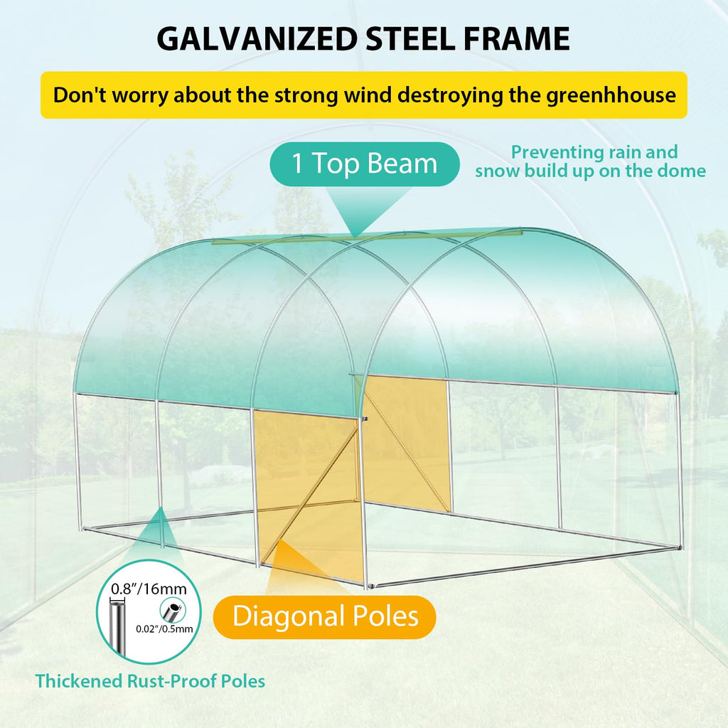 Garvee 13'x8'x7' Walk-In Tunnel Greenhouse Hoop House with Galvanized Steel Frame, 140g/m² Green PE Cover, Roll-Up Zipper Door & 6 Windows