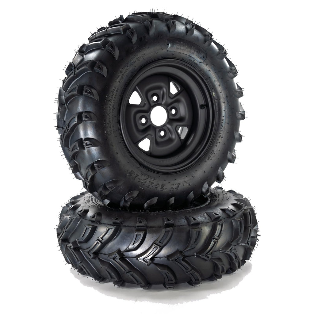 Garvee Set Of 2 25x8-12 ATV Tires With 6PR UTV Tires And 12" Steel Wheel Rim 4 Bolt For Off-Road Mud Sand Terrain, All-Season, Black
