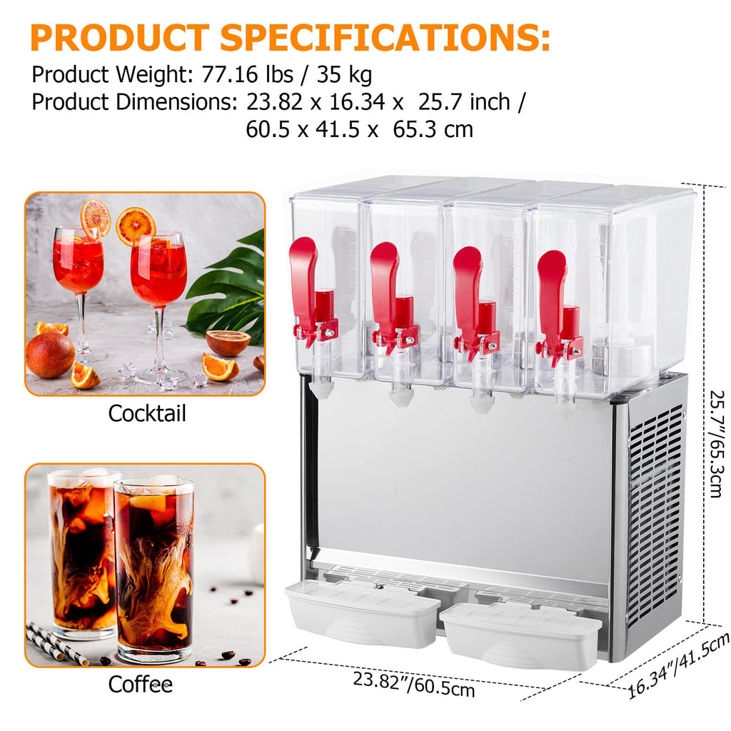GARVEE 40L (10.56 Gallon) Commercial Juice Dispenser, 4 Tanks 380W, Stainless Steel Beverage Dispenser for Tea, Drink