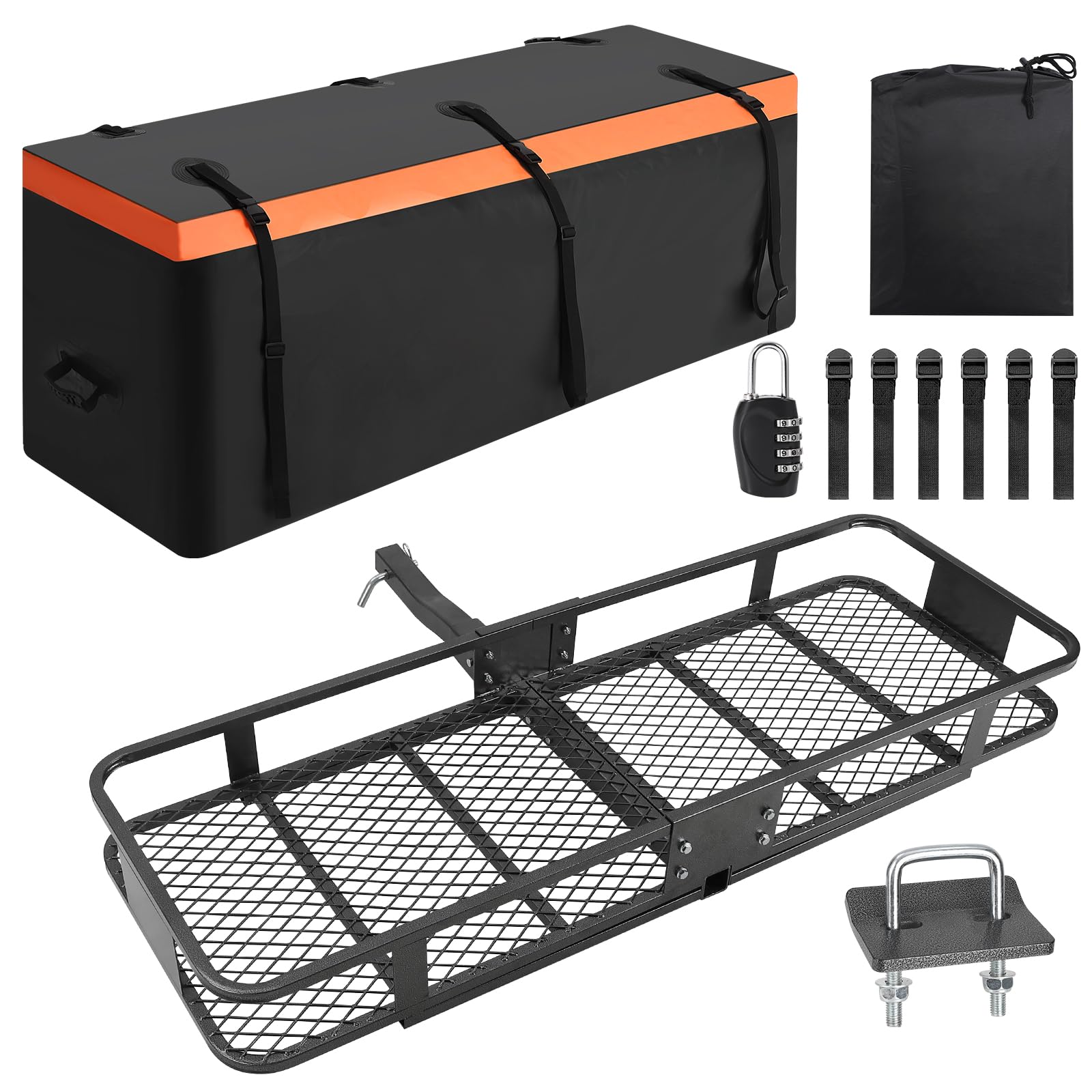 Garvee Hitch Mount Cargo Carrier Basket (60" x 20" x 5.9") – 200 lbs Capacity, Includes 15 Cubic Feet Waterproof Bag, Hitch Stabilizer, Net & Straps, 2-Inch Folding Shank, Steel Construction