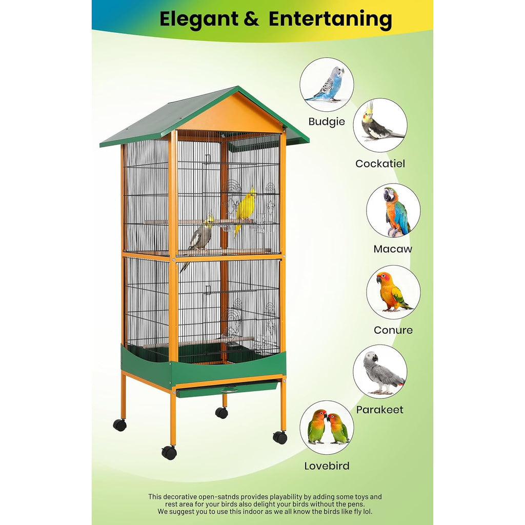 Garvee Extra Large Bird Cage 66''H with Removable Tray Waterproof Roof Lockable Caster Indoor Outdoor Yellow Green