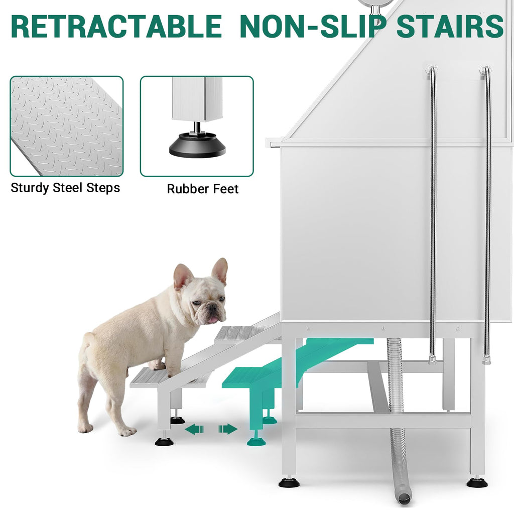 Garvee 50" Dog Grooming Tub 304 Stainless Steel Professional Dog Bathing Station with Steps Faucet & Accessories, Dog Bathtub for Large, Medium, Small Pets, Dog Washing Station for Home(Left Door)