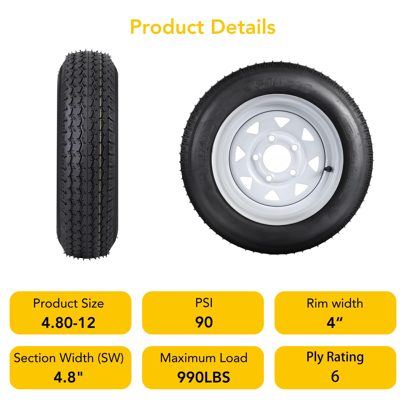 Garvee 2 Trailer Tires 4.80-12 with 12" Rims, 6PR, 5 Lug 4.5", Load Range C, Heavy Duty 6 Ply for Utility/Cargo/Boat Trailers, Black