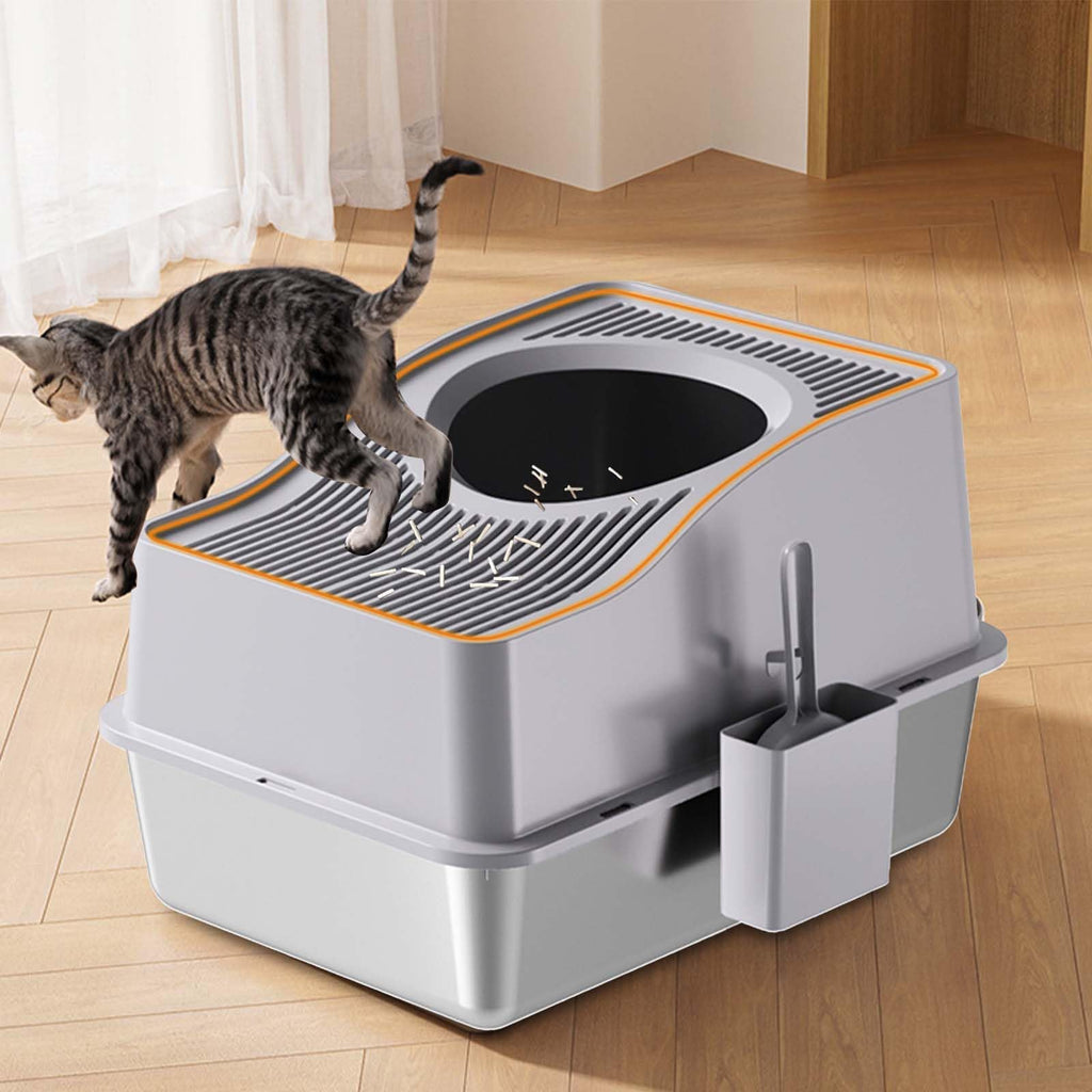 Garvee Stainless Steel Cat Litter Box with Hollow Lid and Heightened Lid Anti-Splashing, Top-Entry Deodorizing Large Cat Toilet, Grey, 60x40x39.5cm, Basin 20cm High