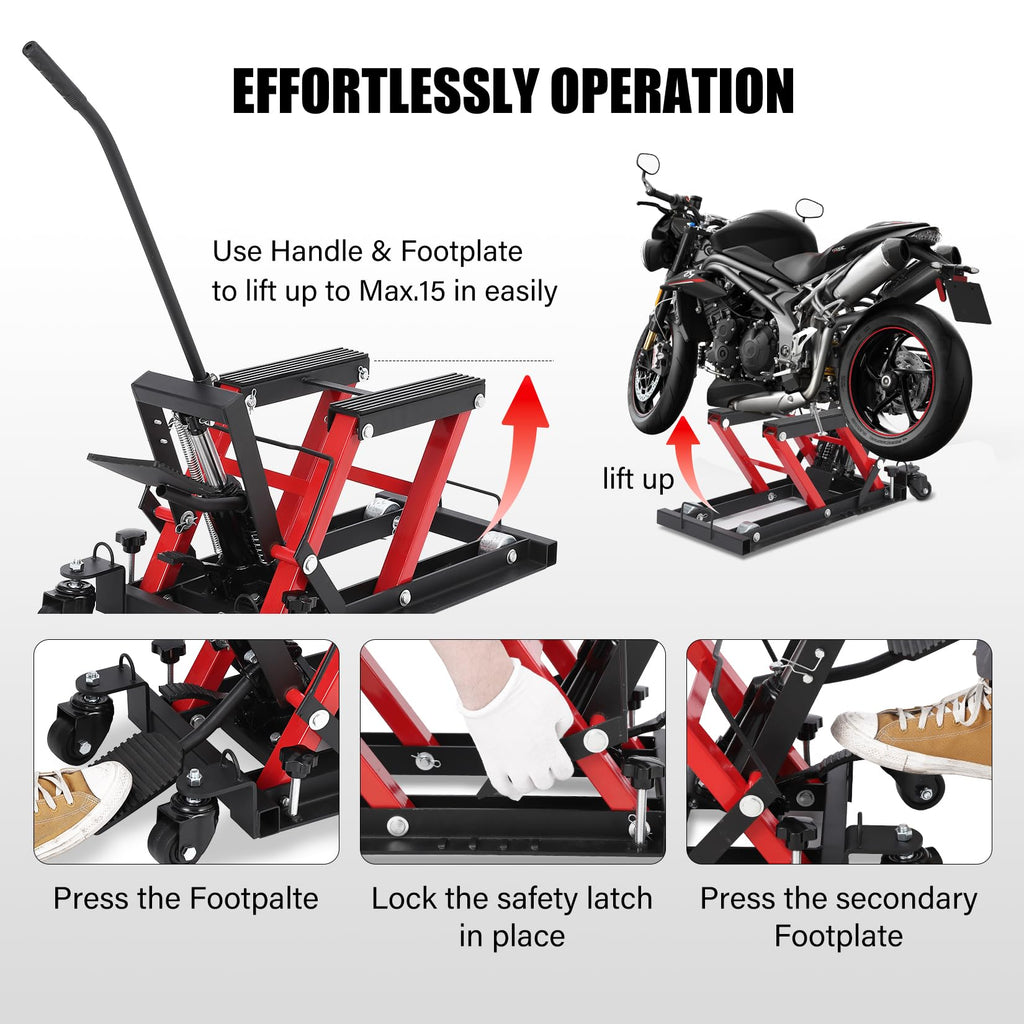 Garvee Hydraulic Motorcycle Lift Jack, 1500 Lbs Capacity Scissor Lift Jack with 4 Wheels and Handle, Portable Foot-Operated Hoist Stand Motorcycle Lift Table for ATV, Motorcycle, UTV, Powersports