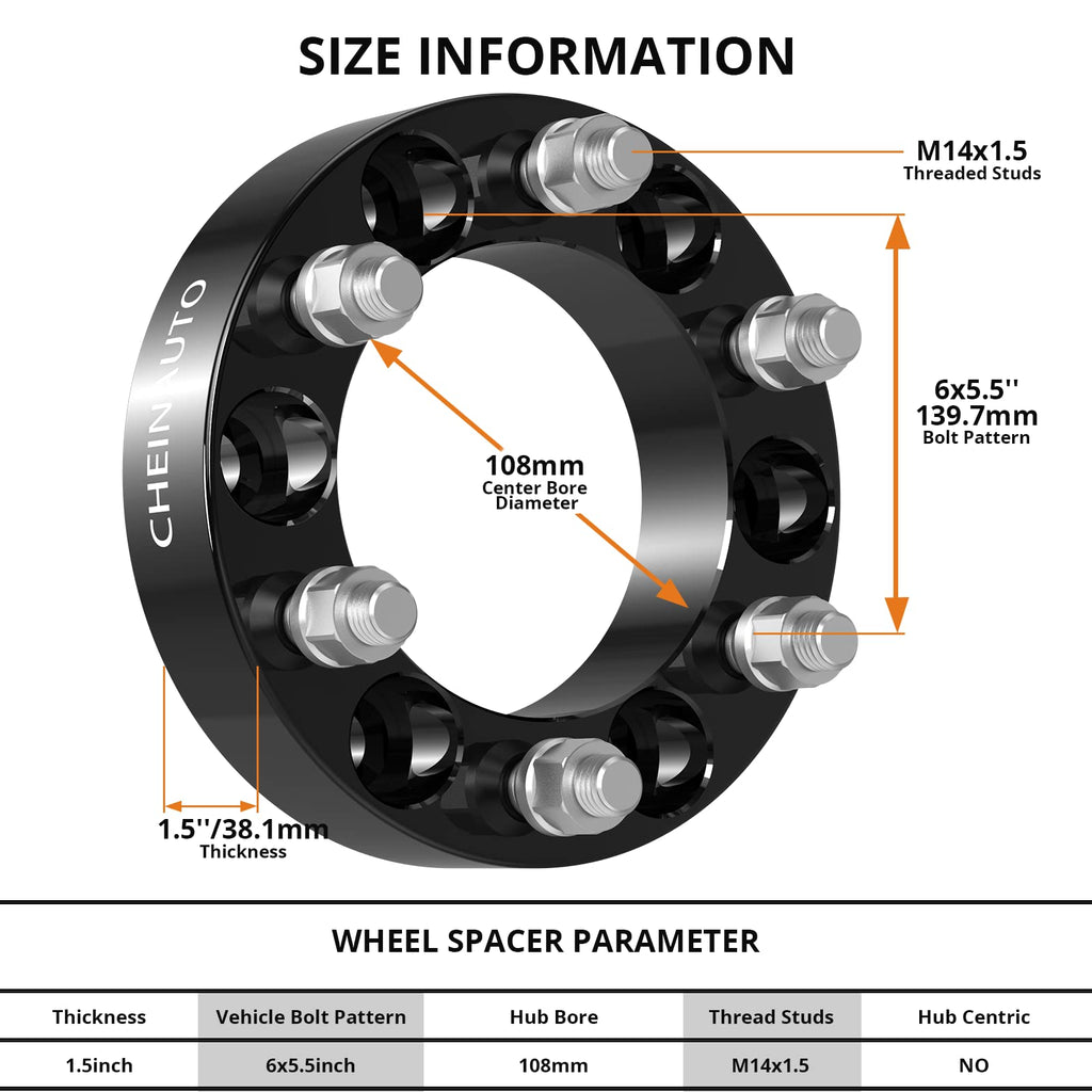 Garvee 6x5.5 Wheel Spacers for Escalade 1999-2021,1.5 Inch 4Pcs 6x139.7 Wheel Spacer for Tahoe,Silverado 1500,Yukon XL,Suburban 1500,Sierra 1500,Avalanche,K1500,Savana 1500 with 14x1.5 Studs & 108mm Hub Bore