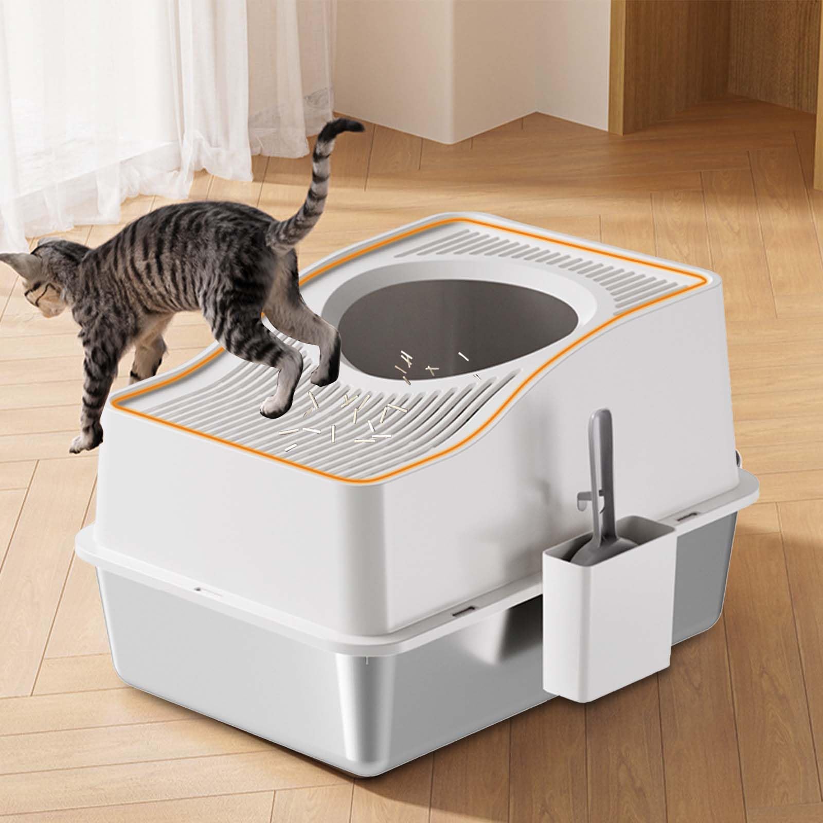 Garvee Stainless Steel Cat Litter Box Fully Enclosed Top-Entry Large Cat Toilet White 60x40x39.5cm