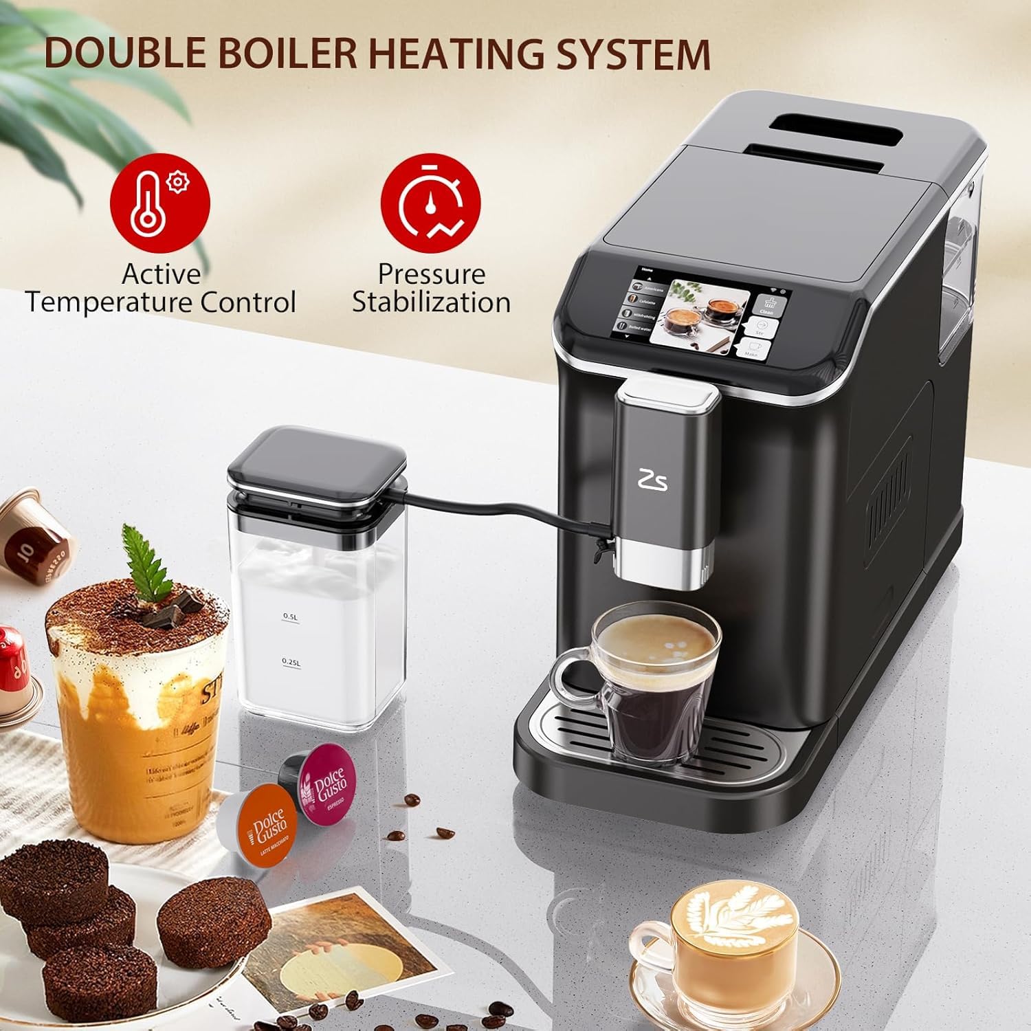 Garvee Fully Automatic Espresso Machine,Coffee Maker With 20 Bar, Milk System, 7 Coffee Varieties, Intuitive Touch Display, Coffee Machine With Auto Clean Filter for Cappuccino, Latte, Espresso Maker
