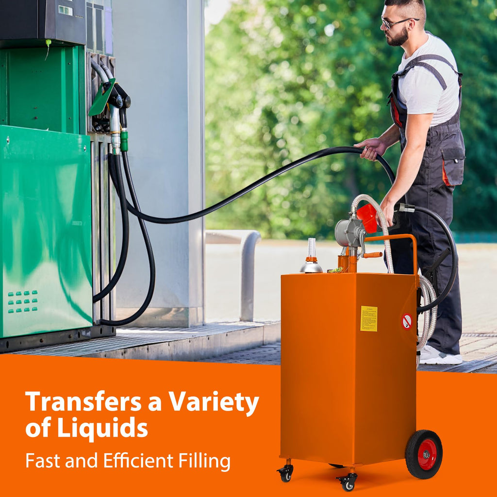 Garvee 35 Gallon Fuel Caddy with Manual Transfer Pump, Heavy-Duty Stainless Steel Fuel Tank, 4-Wheel Mobile Design for Gasoline & Diesel, Portable, Durable