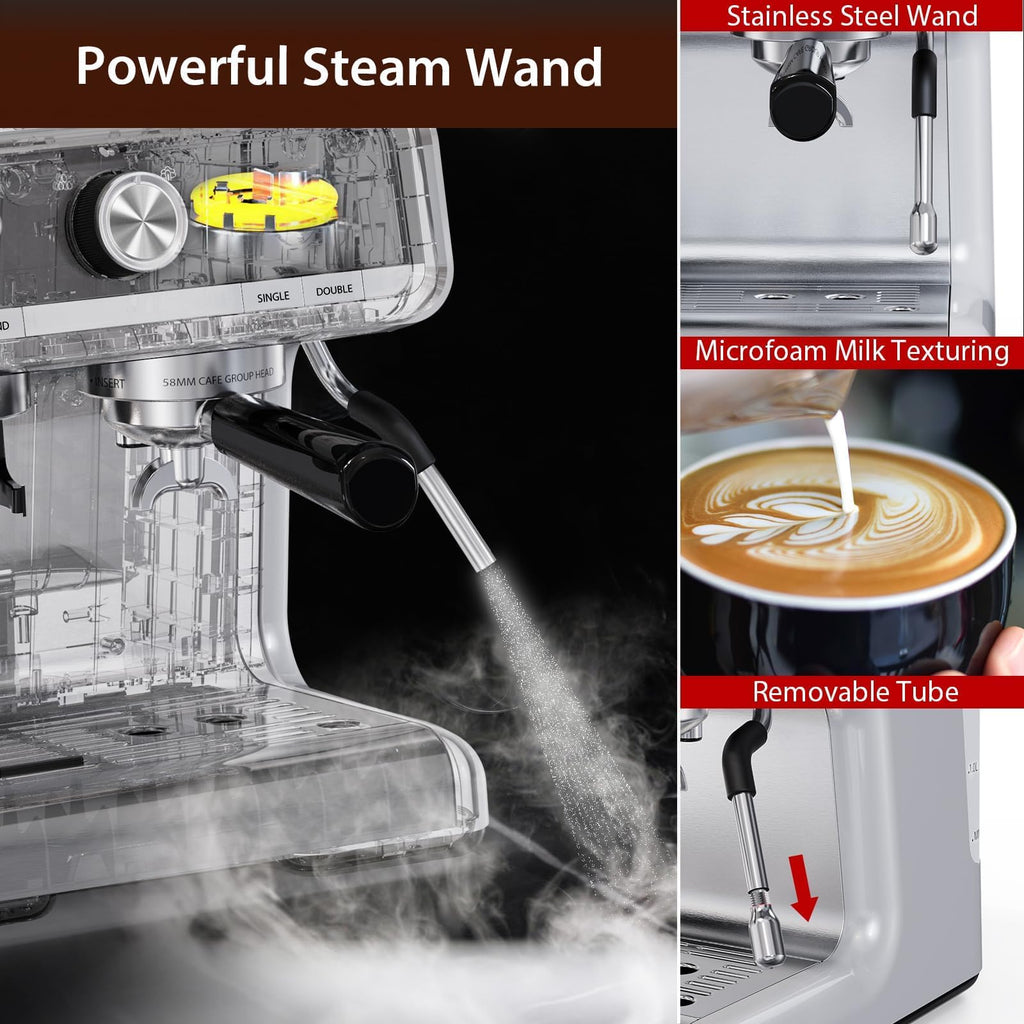 Garvee Espresso Coffee Machine with Grinder, 20 Bar Semi-Automatic Espresso Maker with Milk Frother Steamer Wand for Cappuccino, Latte, Macchiato, 2.8 L Water Tank, PID Temperature Control,Bright Silver