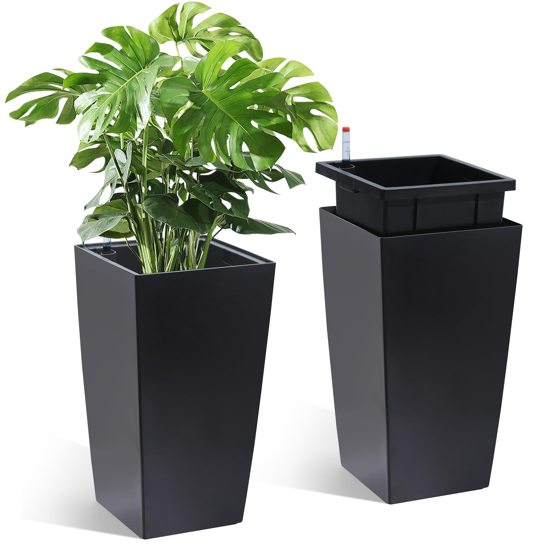 Garvee 16 Inch Tall Rectangular Planters Set of 2 Large Modern Plant Pots with Drainage Holes＆Water Level Monitor＆Wheels Outdoor and Indoor for Patio, Porch, Living Room, or Home Office, Black