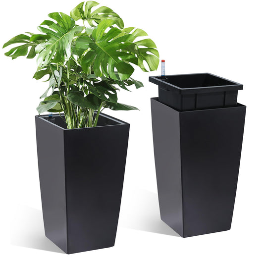 Garvee 16 Inch Tall Rectangular Planters Set of 2 Large Modern Plant Pots with Drainage Holes＆Water Level Monitor＆Wheels Outdoor and Indoor for Patio, Porch, Living Room, or Home Office, Black