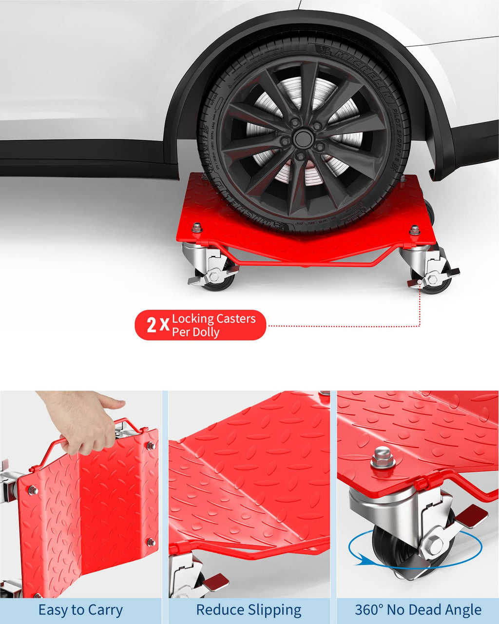 Garvee Car Wheel Dolly Set of 2 Heavy Duty Vehicle Mover Dolly with Brakes for Cars Trucks Trailers Motorcycles, 3000LBS Capacity, Red