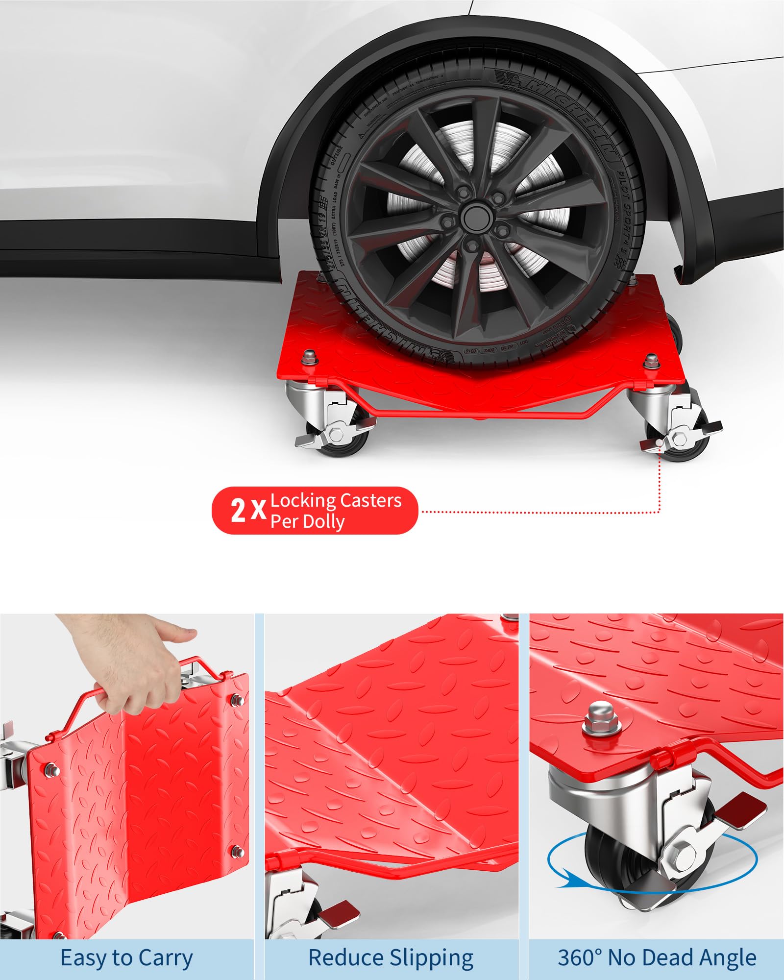 Garvee Car Wheel Dolly Set of 2 Heavy Duty Vehicle Mover Dolly with Brakes for Cars Trucks Trailers Motorcycles, 3000LBS Capacity, Red
