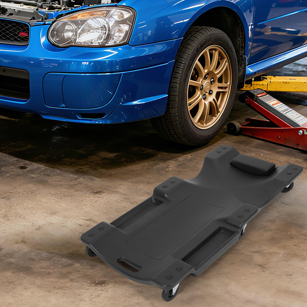 Garvee 40" Plastic Rolling Automotive Garage Shop Creeper, 350 Lbs Capacity, Ergonomic HDPE Body, Padded Headrest, Dual Tool Trays, 6 Casters, Black