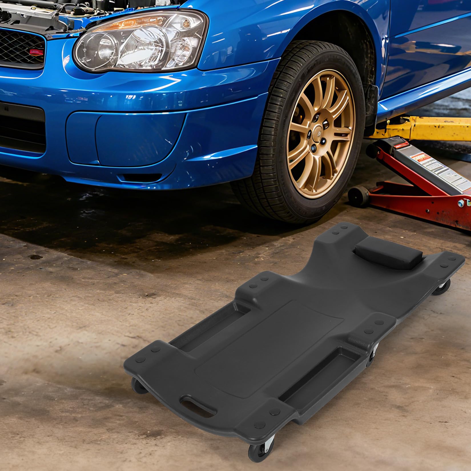 Garvee 40" Plastic Rolling Automotive Garage Shop Creeper, 350 Lbs Capacity, Ergonomic HDPE Body, Padded Headrest, Dual Tool Trays, 6 Casters, Black