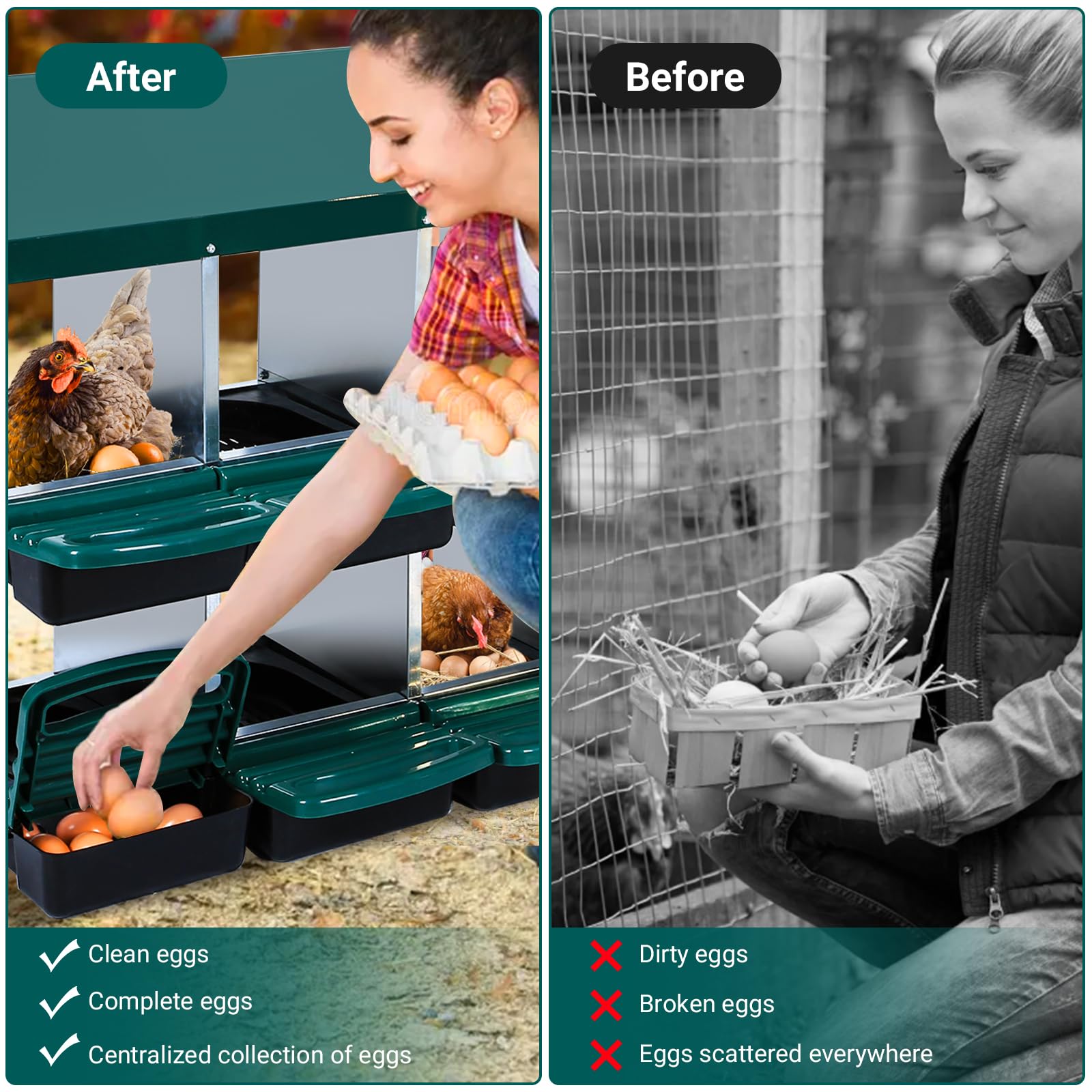 Garvee Nesting Boxes for Chickens, 10 Compartment Roll Away Nesting Box with Egg Collection, Perch, Lid Cover for Egg Protection, Wall Mount/Free Standing Nest Box for Chickens