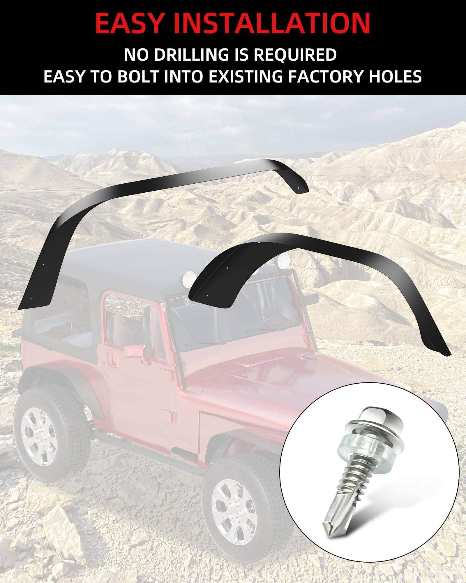 Garvee 4 PCS Flat Front & Rear Fender Flares Fits For 1987-1995 Jeep Wrangler YJ, Off-Road Metal Steel Wheel Liner, Textured black