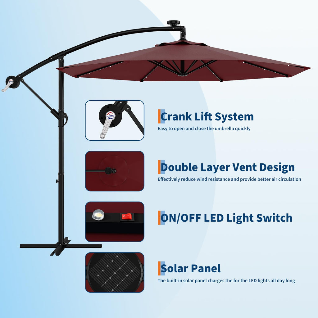Garvee 10' Solar Lights Offset Patio Umbrella, Cantilever Umbrella with Easy Lift & Tilt Adjustment, 8 Ribs Sun Umbrella UV Protection, Wine Red