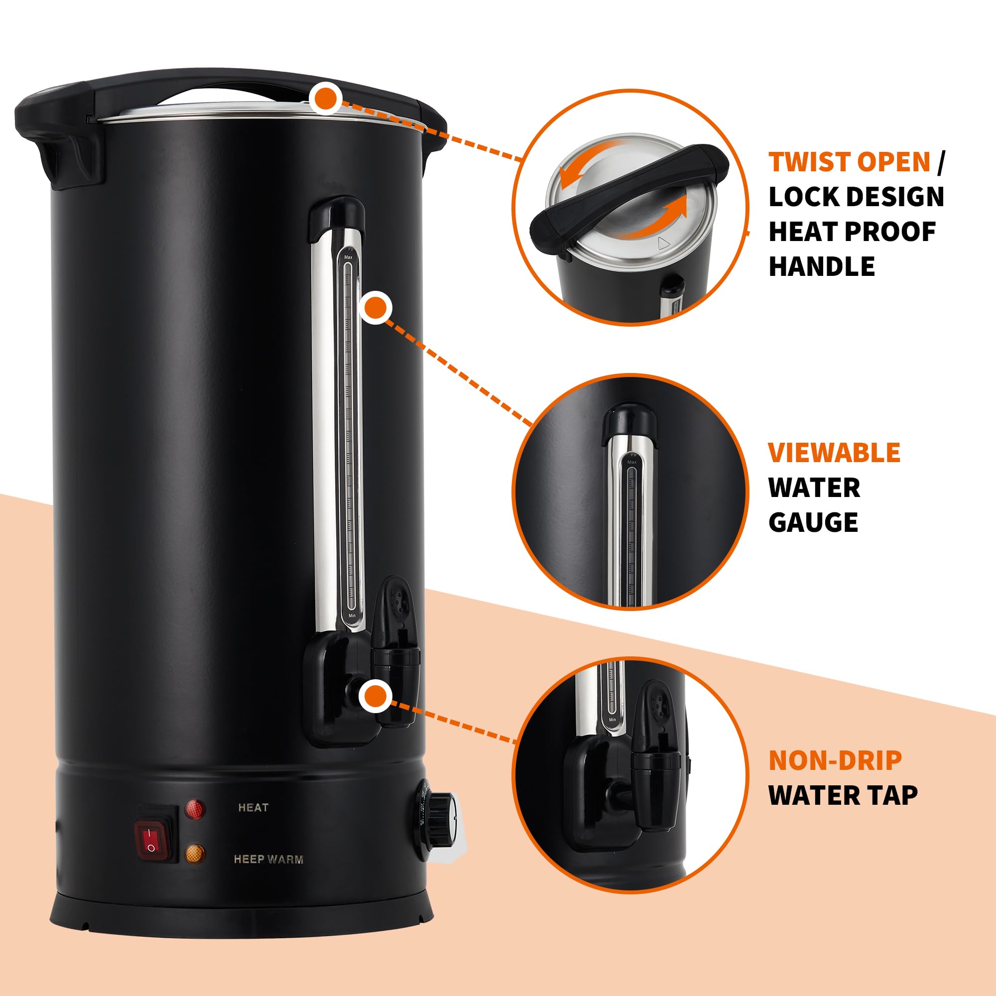 Garvee 16 L/110 Cups Coffee Urn Double Wall Stainless Steel Coffee Maker for Buffet Catering Wedding Black