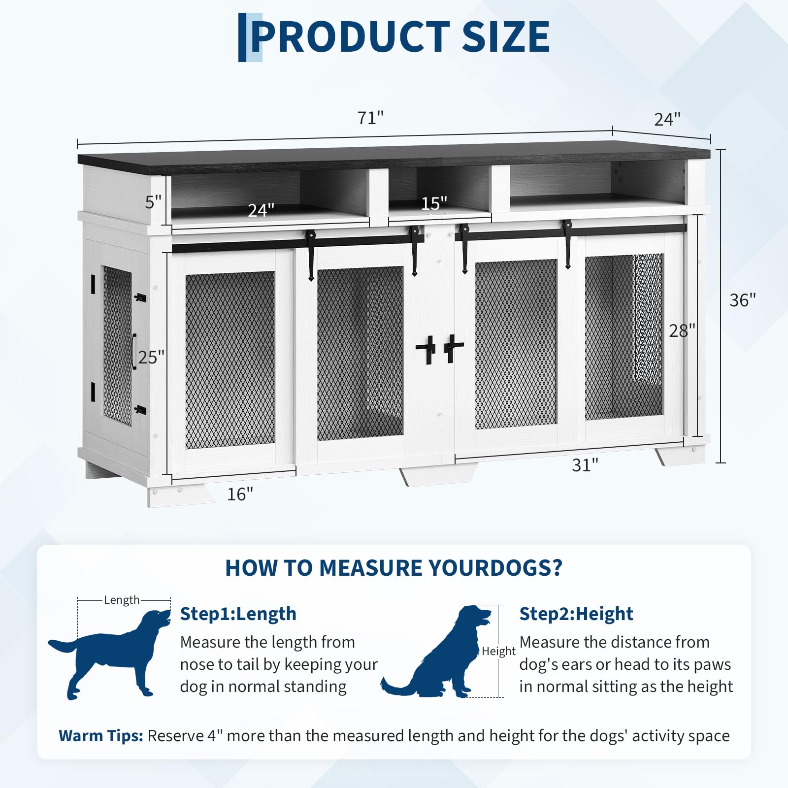 Garvee 71'' Dog Crate Furniture for 2 Dogs, Extra Large Double Dog Kennel with Removable Divider and Storage Drawers, Wooden TV Stand for Large Medium Dogs in White, Natural Wood, Brown