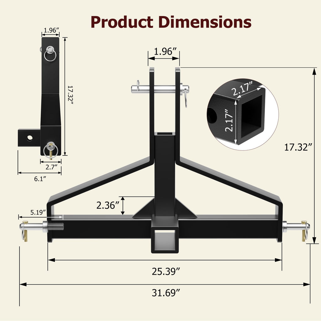 Garvee 3 Point Quick Hitch Receiver,2" Receiver Quick Hitch Compatible Category 1 Tractor,Heavy Duty 3 Point Hitch Farm Equipment and Subcompact Trailer Hitch Attachments