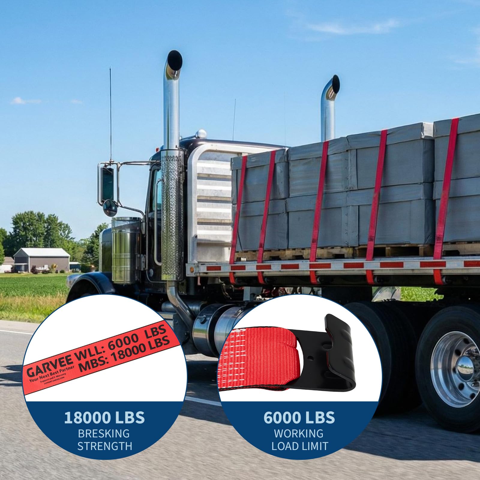 Garvee 4" x 30' Heavy Duty Truck Straps with Flat Hooks, Tie Down Cargo Straps, 6000 Lbs WLL, Yellow, 4 Pack for Flatbed Trucks Trailers Farms Towing Tree Saver