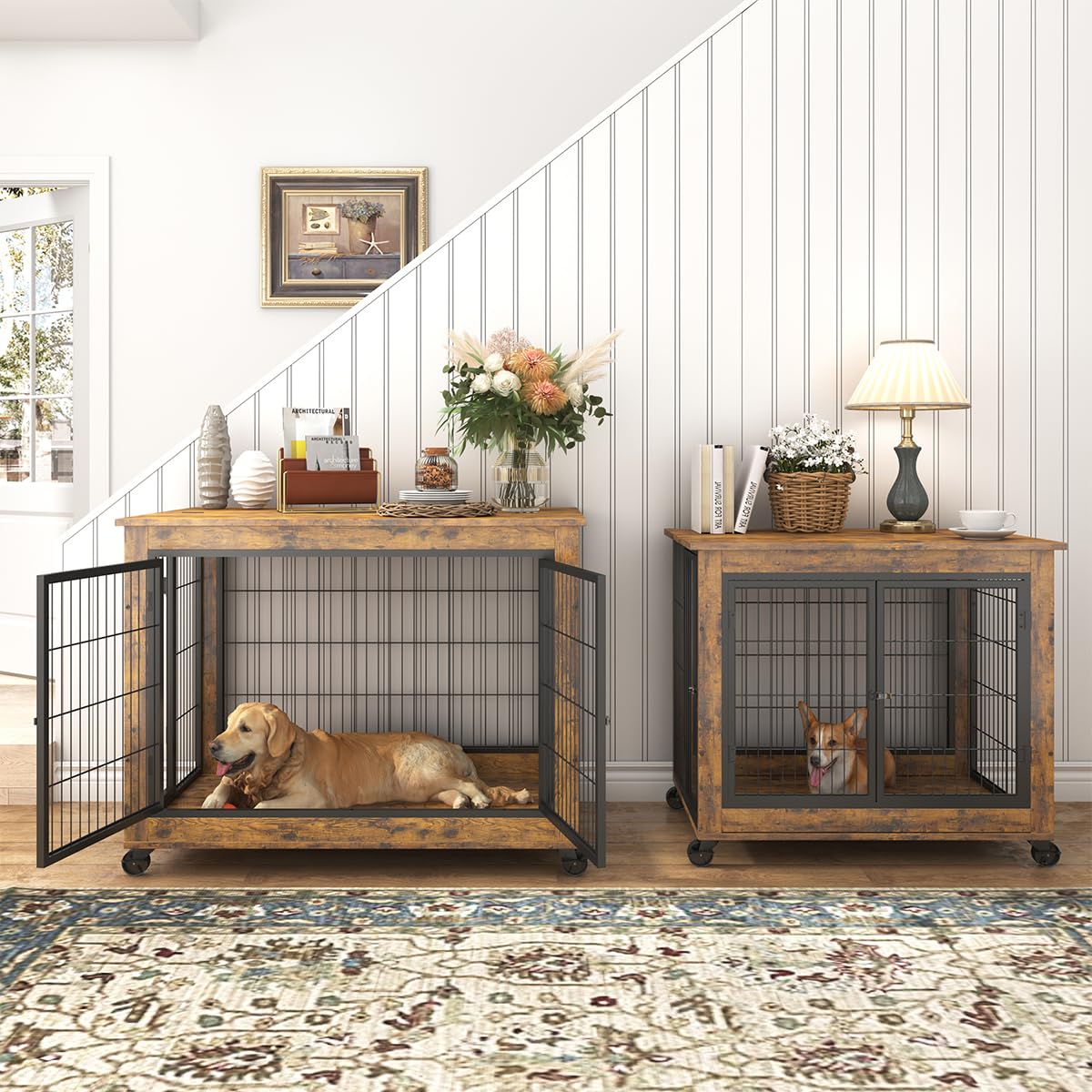 Garvee Dog Crate Furniture Dog Kennel Double Doors Medium Large Dog 38.58" W x 25.2" D x 27.17" H Rustic Brown