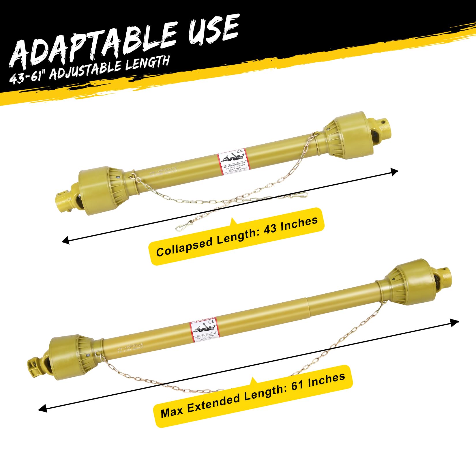Garvee PTO Shaft 1 3/8" PTO Drive Shaft, Round Ends PTO Driveline Shaft, 6 End Tractor, Brush PTO Shaft, Yellow PTO Shaft for Finish Mower, Rotary Cutter,43"-61"