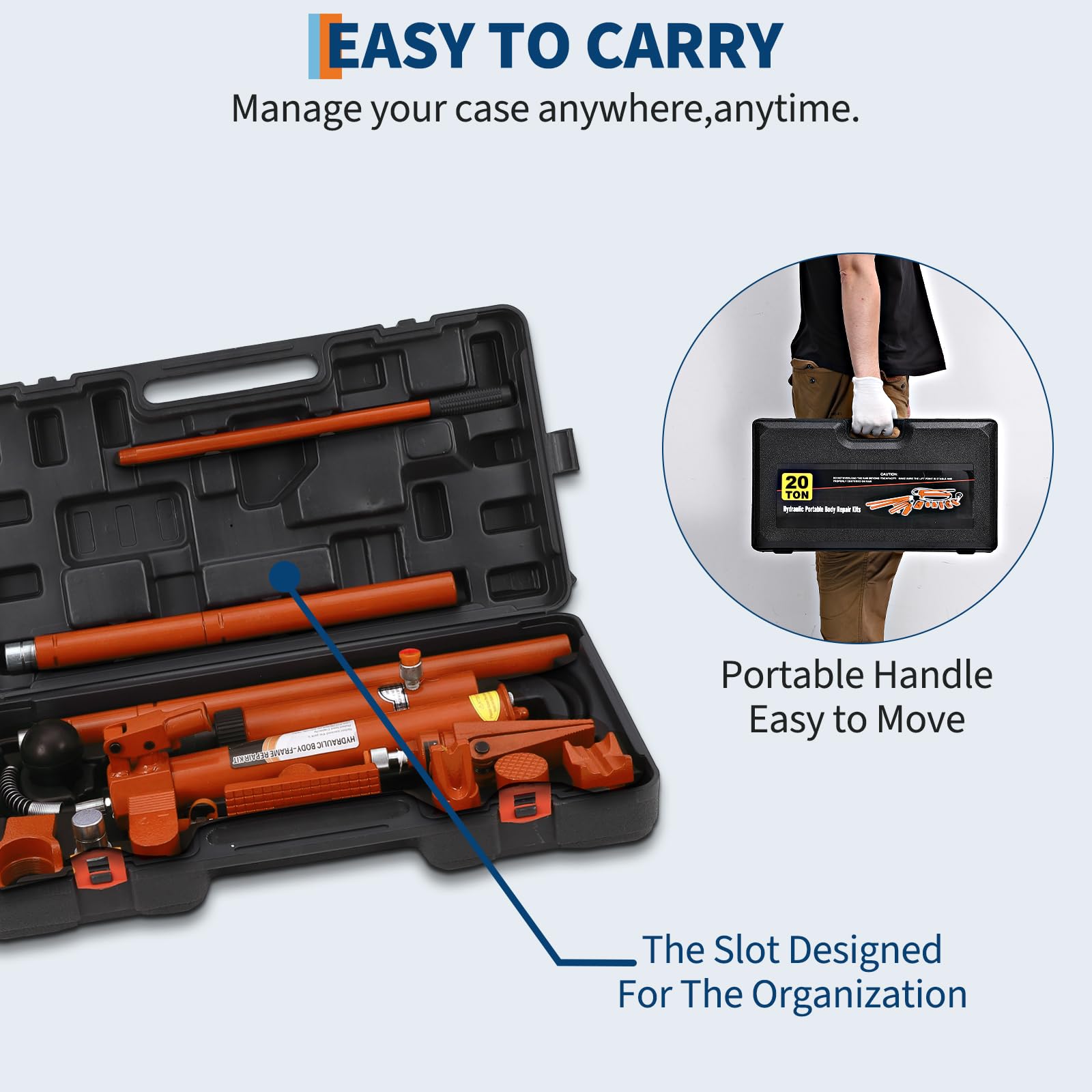 Garvee 20 Ton Porta Power Kit Heavy Duty Hydraulic Ram with Secure Transport Case for Auto Shop Frame Repair, Orange