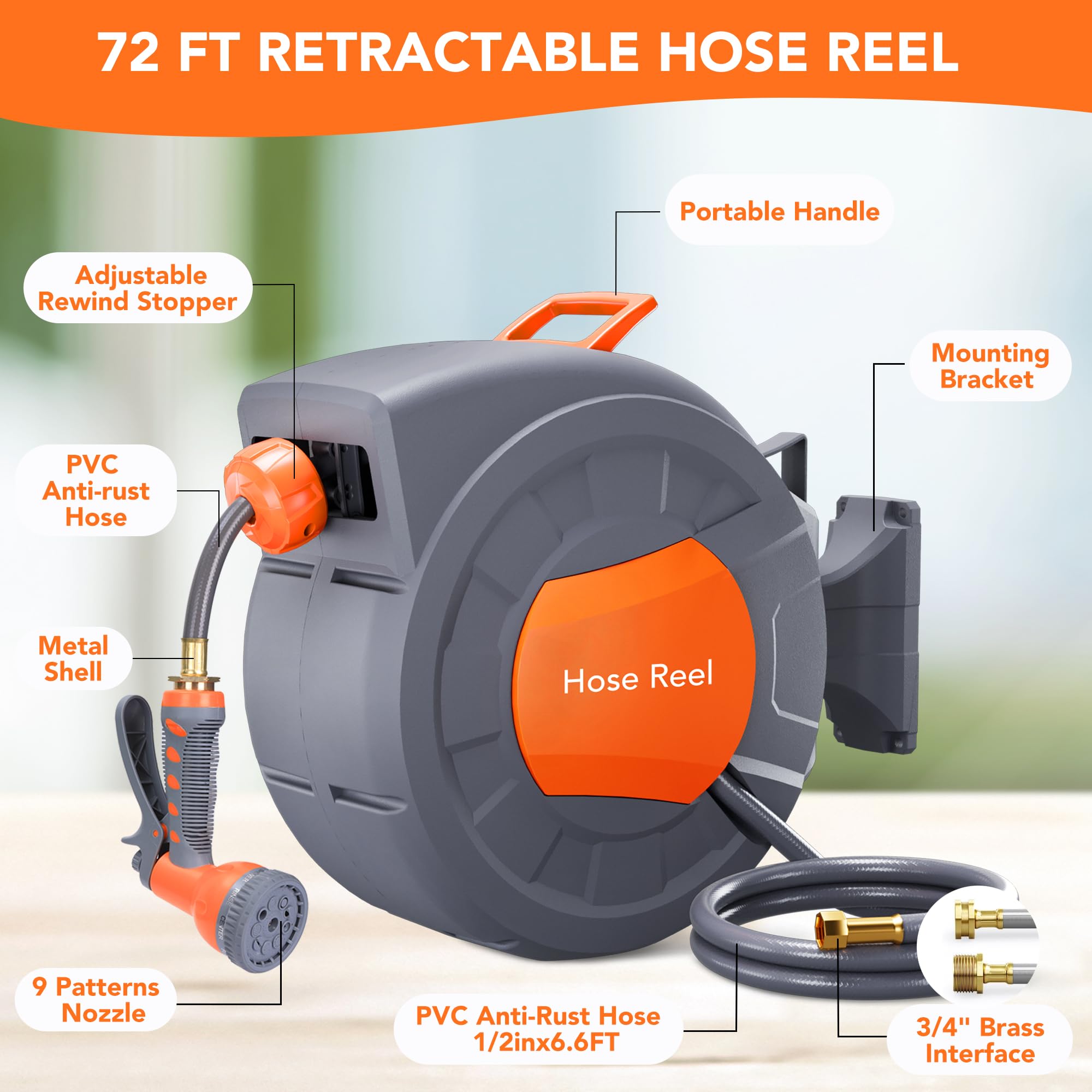 Garvee 1/2 in × 72 ft Retractable Garden Hose Reel, Wall Mount Auto Rewind with 9-Pattern Nozzle