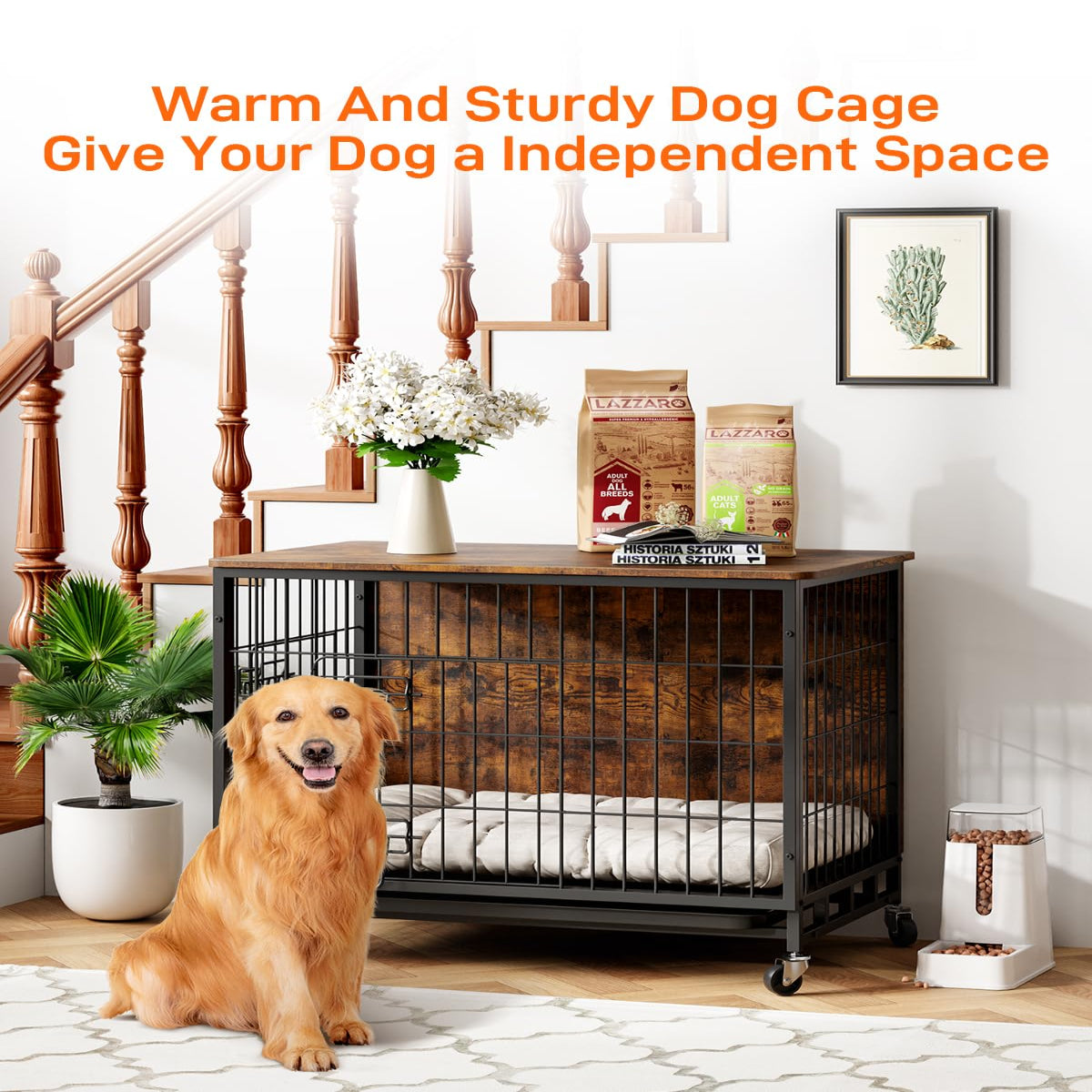 Garvee Dog Crate Furniture, Heavy-Duty Double-Doors Dog Cage End Table with Removable Tray and Wheels, 38.6" Wooden Dog Kennel, Indoor Dog House for Large Dogs, Brown