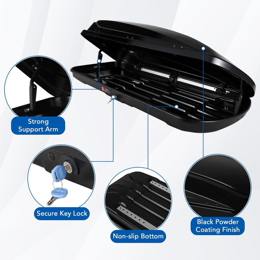 Garvee 70 Inch Rooftop Cargo Box Carrier, Hard Shell Roof Rack, 17.6 Cubic Ft, Black, Dual Side Opening