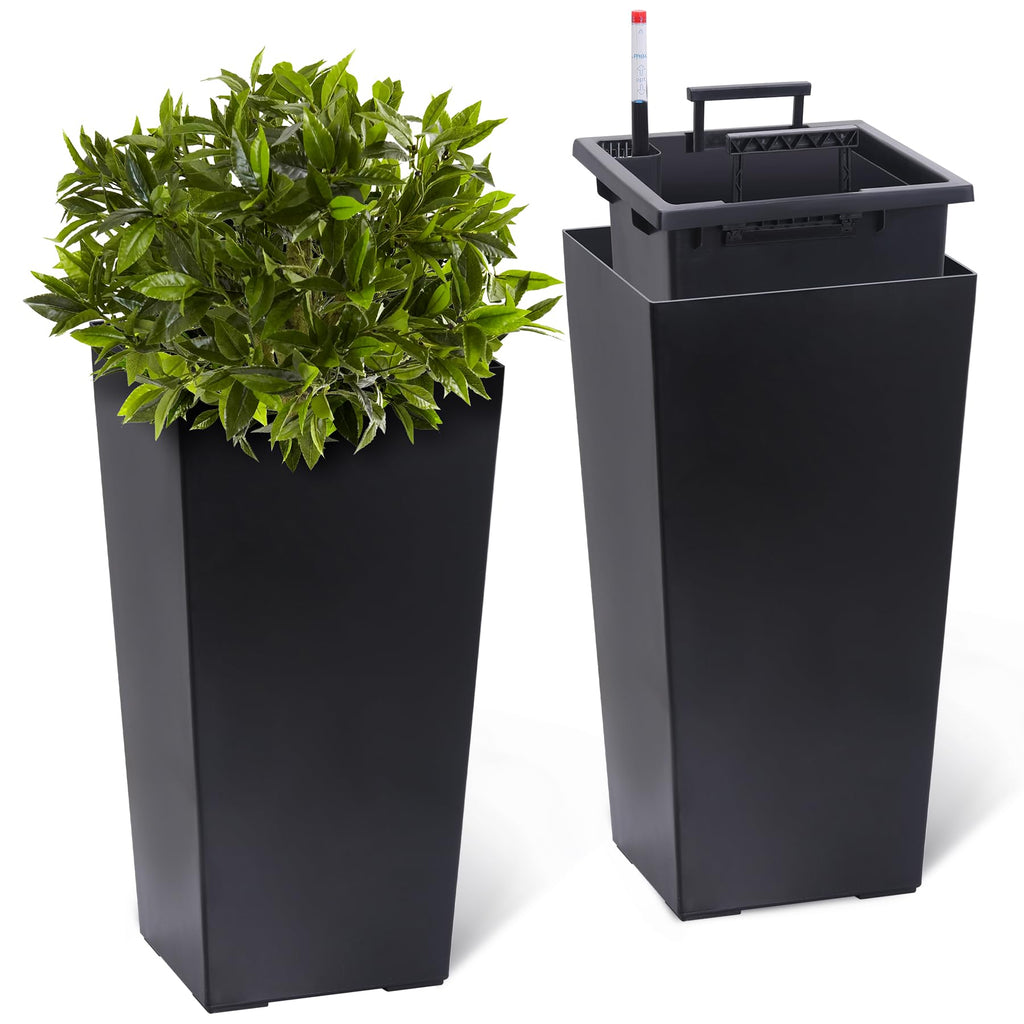 Garvee 23" Tall Planters Set of 2 - Modern Indoor/Outdoor Plant Pots with Drainage Holes, Water Level Monitor, Inner Bucket & Automatic Watering, Black