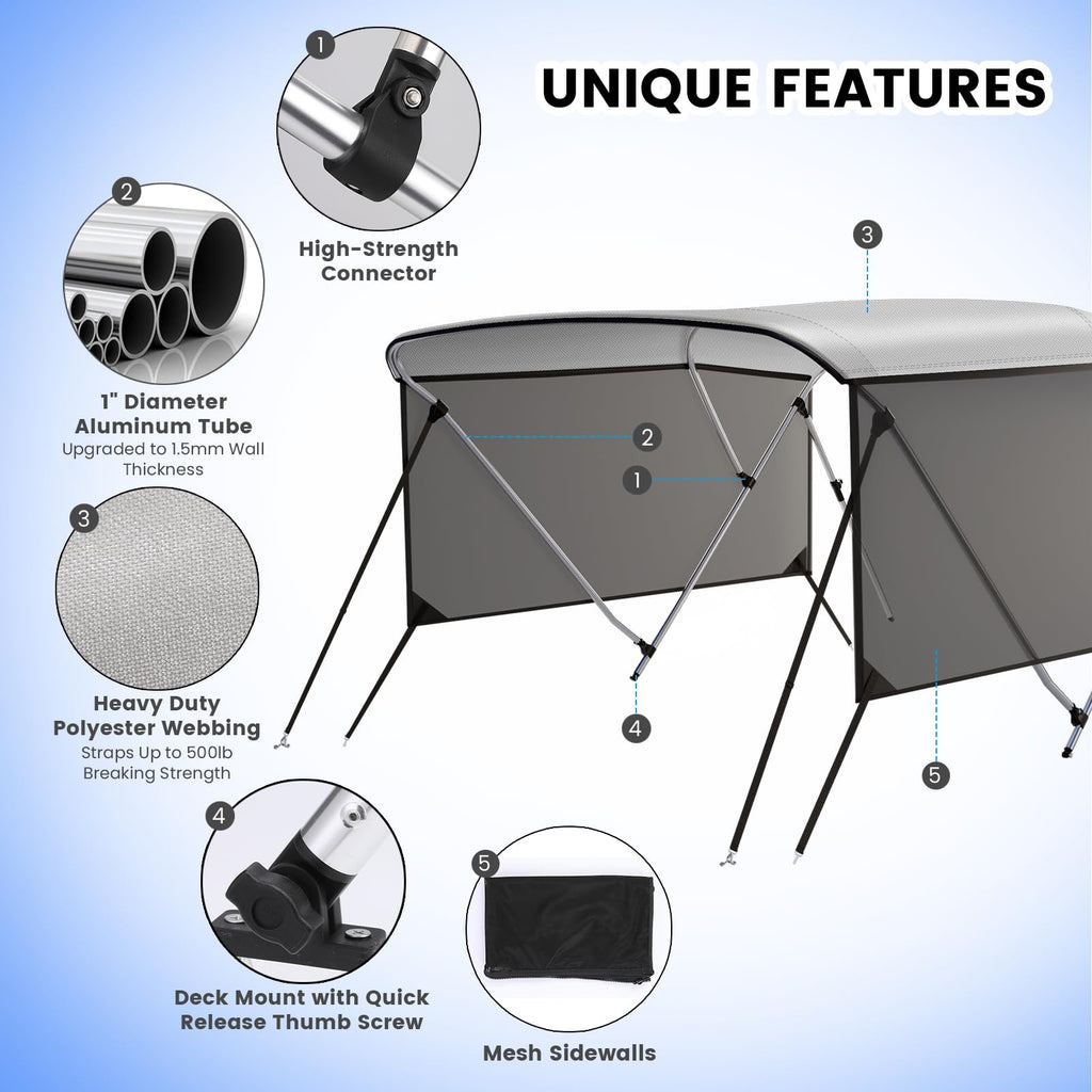 Garvee 3 Bow 6'L x 46" H x 61"-66" W Bimini Tops UV Protection Adjustable Poles Marine Grade Canvas Easy Install