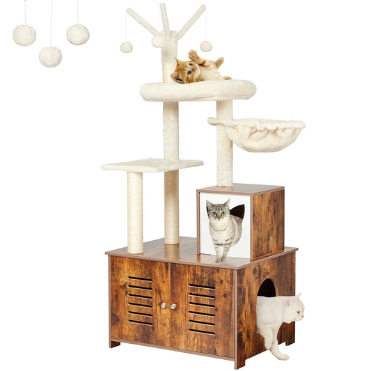 Garvee Cat Tree with Litter Box Furniture Hidden Enclosure, 2-in-1 Modern Tower, Cat Condo with Scratching Posts