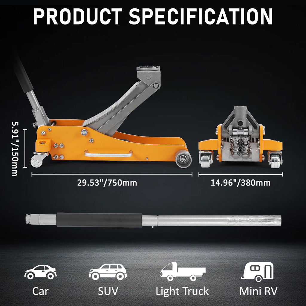 Garvee 3 Ton Floor Jack Low Profile, Aluminum and Steel Hydraulic Floor Jack with Dual Pistons Quick Lift Pump, Lifting Range 3.86"-19.49"