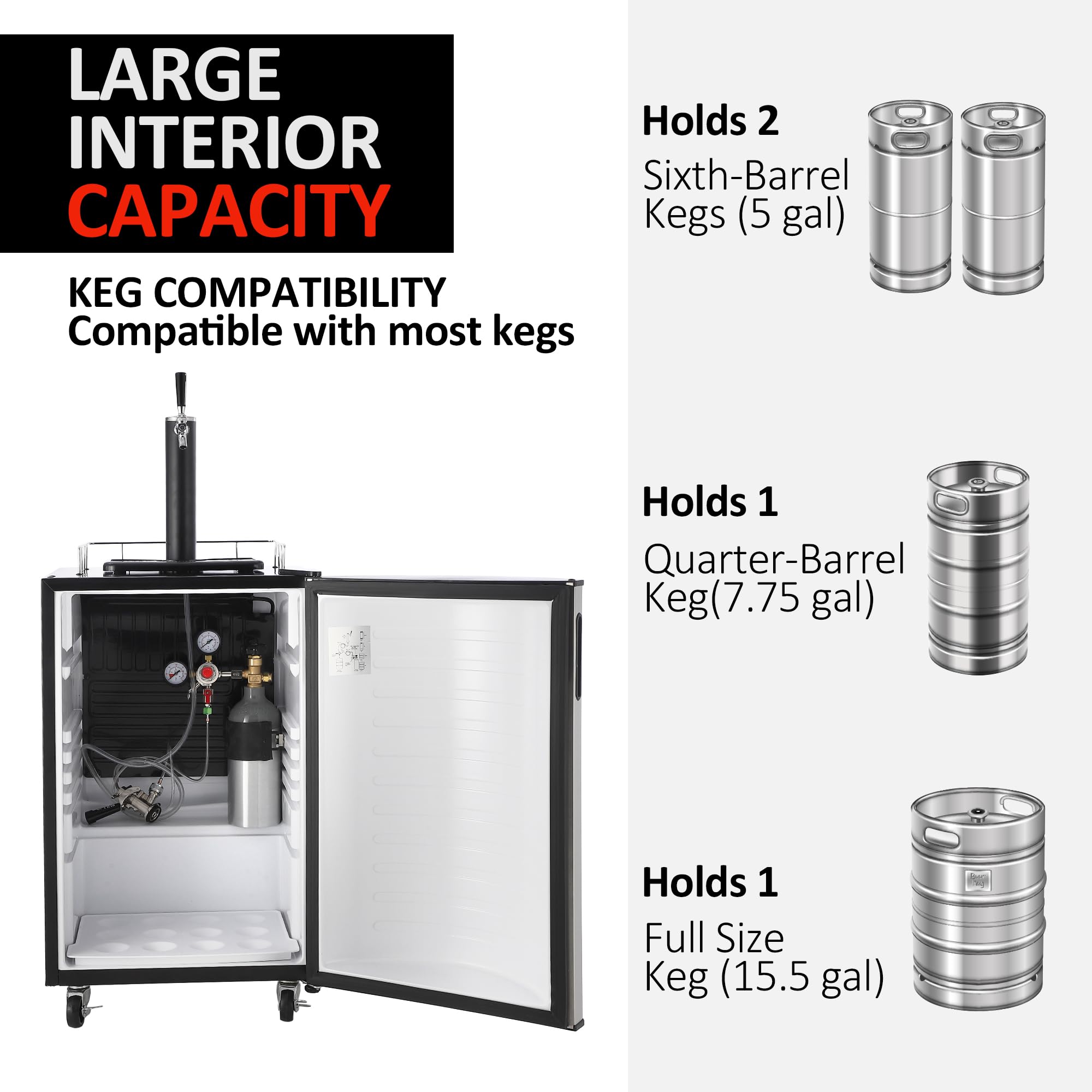 Garvee Kegerator and Keg Beer Cooler, Single Tap Draft Beer Dispenser, Full Size Keg Refrigerator With Shelves, Stainless Steel, Drip Tray & Rail- Silver