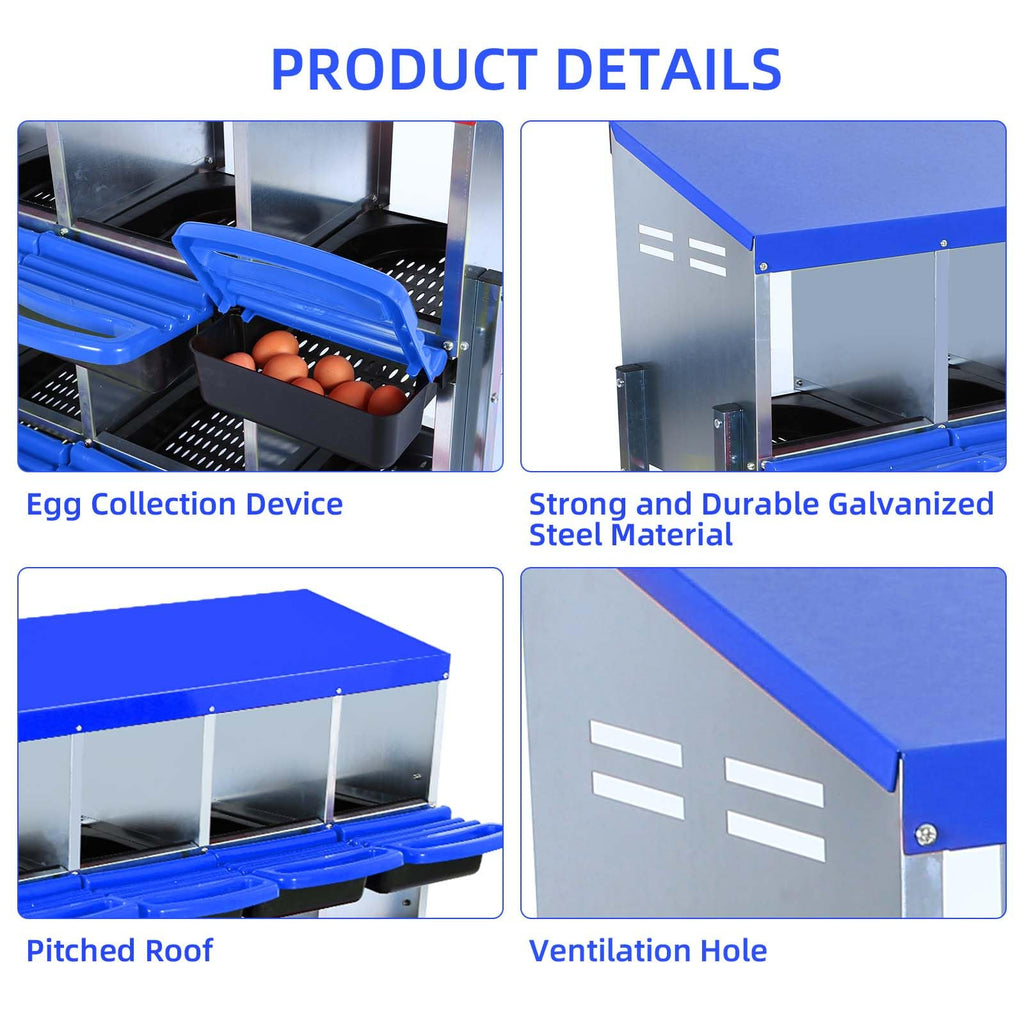 Garvee Chicken Nesting Box 6-Hole Roll Away Egg Laying Box with Lid Heavy-Duty Galvanized Steel Rustproof Design Blue with Bracket Legs