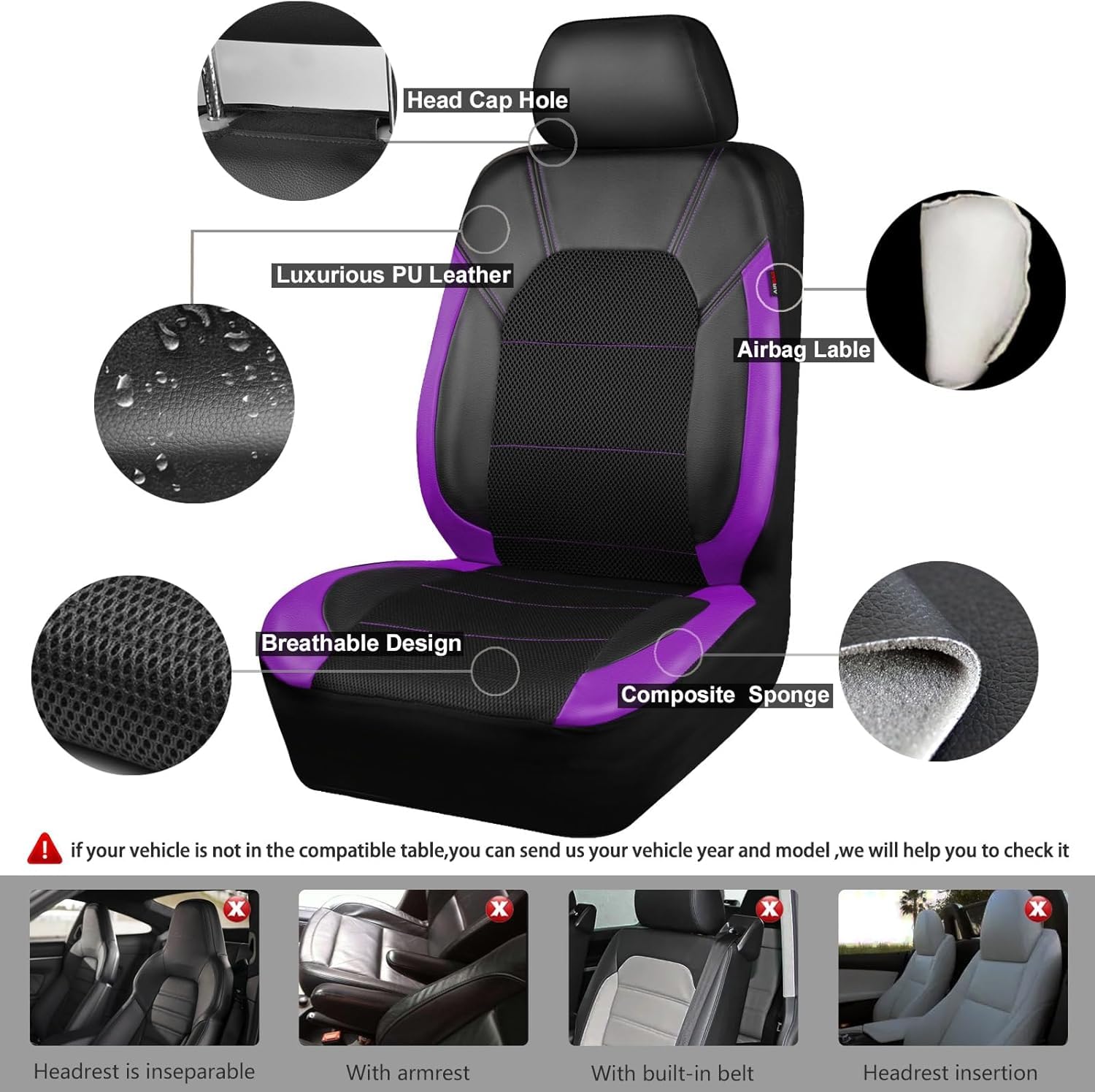 Garvee Universal 9 Pcs Car Seat Covers Full Set, 5-Seat Leather Protectors for Most Cars, SUV, Vans, Waterproof, Breathable, Non-Slip, Purple
