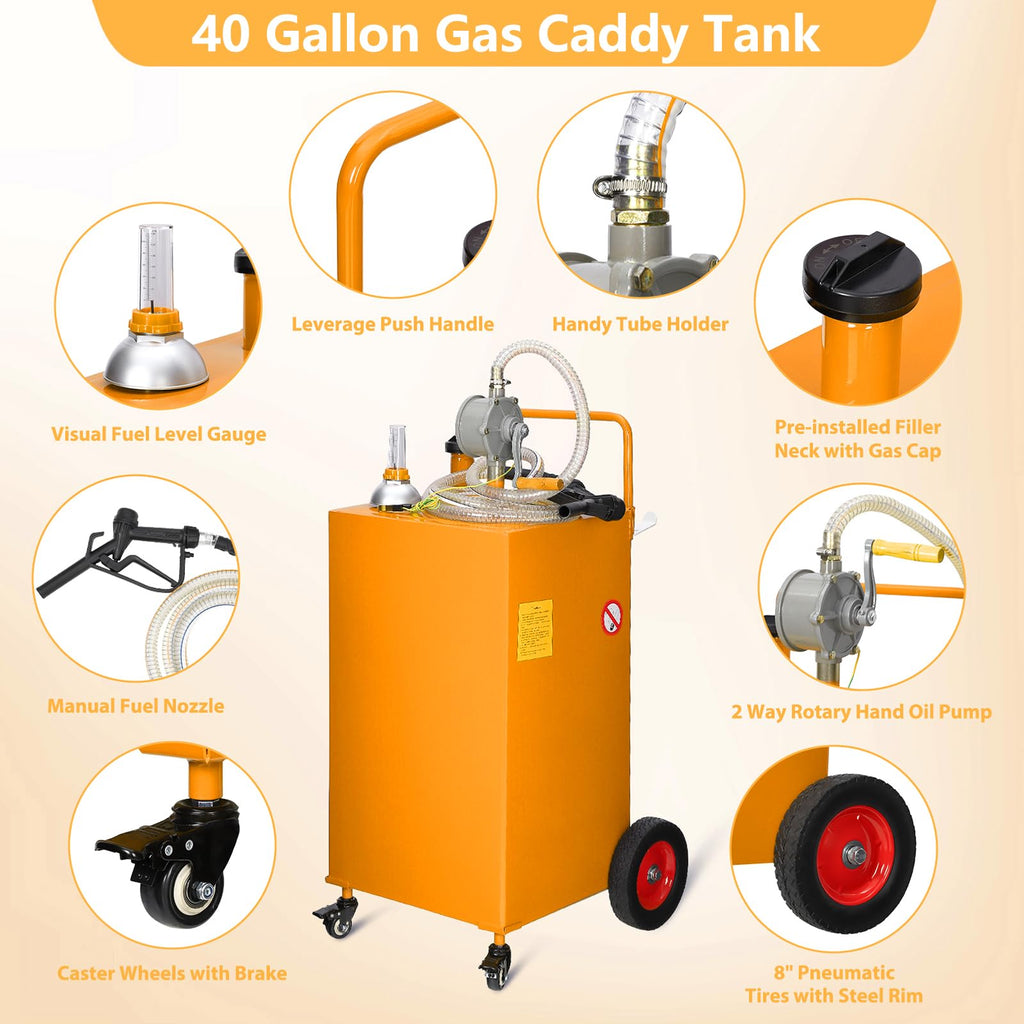 Garvee 40 Gal Fuel Caddy with Manual Pump, Heavy Duty Gasoline & Diesel Transfer Tank, Portable Spill-Proof Fuel Container on 4 Wheels for Boat, Truck, ATV, Lawn Mower, Orange